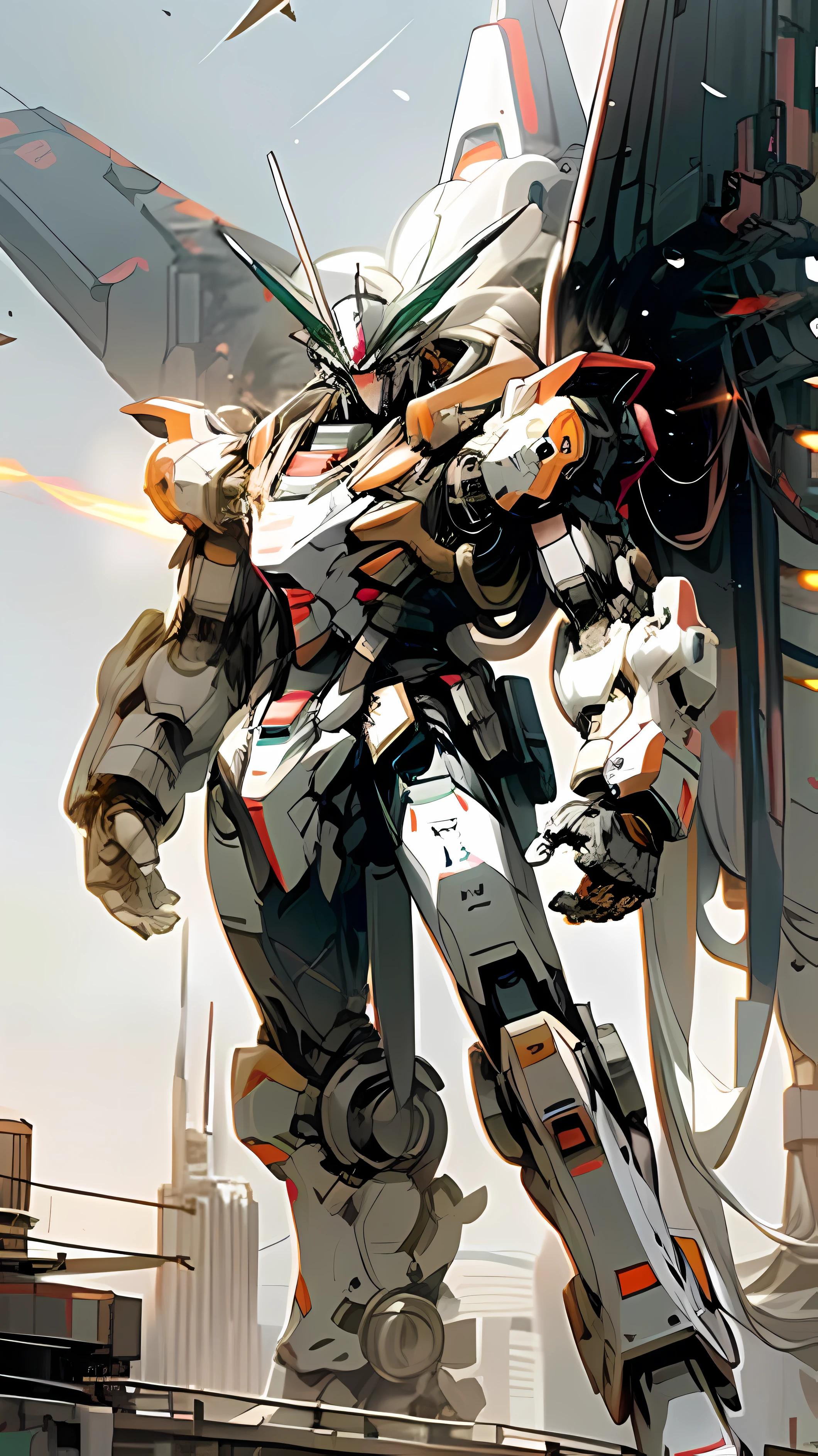 "Behold the majestic Gundam Mecha, radiating unfathomable power and emanating an awe-inspiring aura. Surrounded by an ethereal orange rune that softly floats around it, the Mecha's intricate body intersects harmoniously with the contrasting white backdrop. This breathtaking cyberpunk scene unfolds on the lunar landscape, a lone figure in a dark hoodie and mask standing beside it. The mechanical marvel, a cybernetic guardian, boasts a robust robotic presence in the highest quality digitalart.
A cityscape lurks in the distance, a testament to human innovation and warfare. Damaged