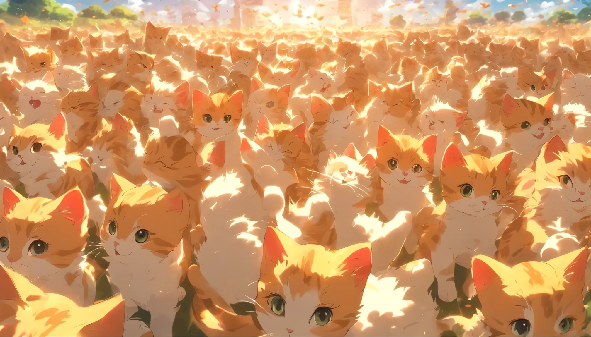 An army of thousands of kittens stretches to the horizon, field, Sunny summer day