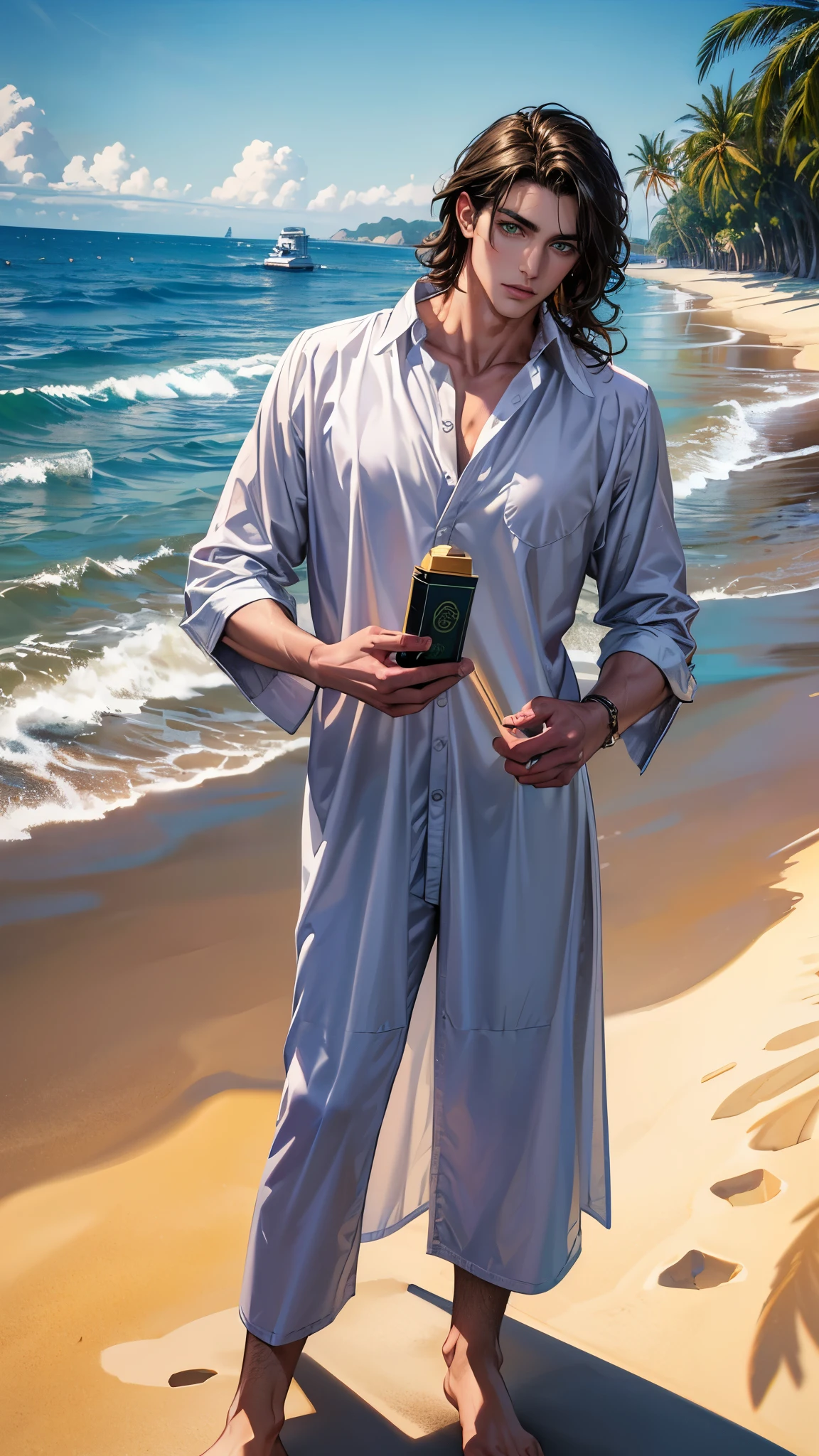 ((masterpiece, Best quality, a high resolution, ultra detailed),(beautiful and aesthetically pleasing:1.2), 1 man, adult, perfect body, Wavy short dark hair, green eyes, Detailed eyes and face, male body, male focus, muscle body, long oversized shirt, beachные шорты, golden hour, beach, sea, sand, Palma, complex parts, full body, beachные шлепки