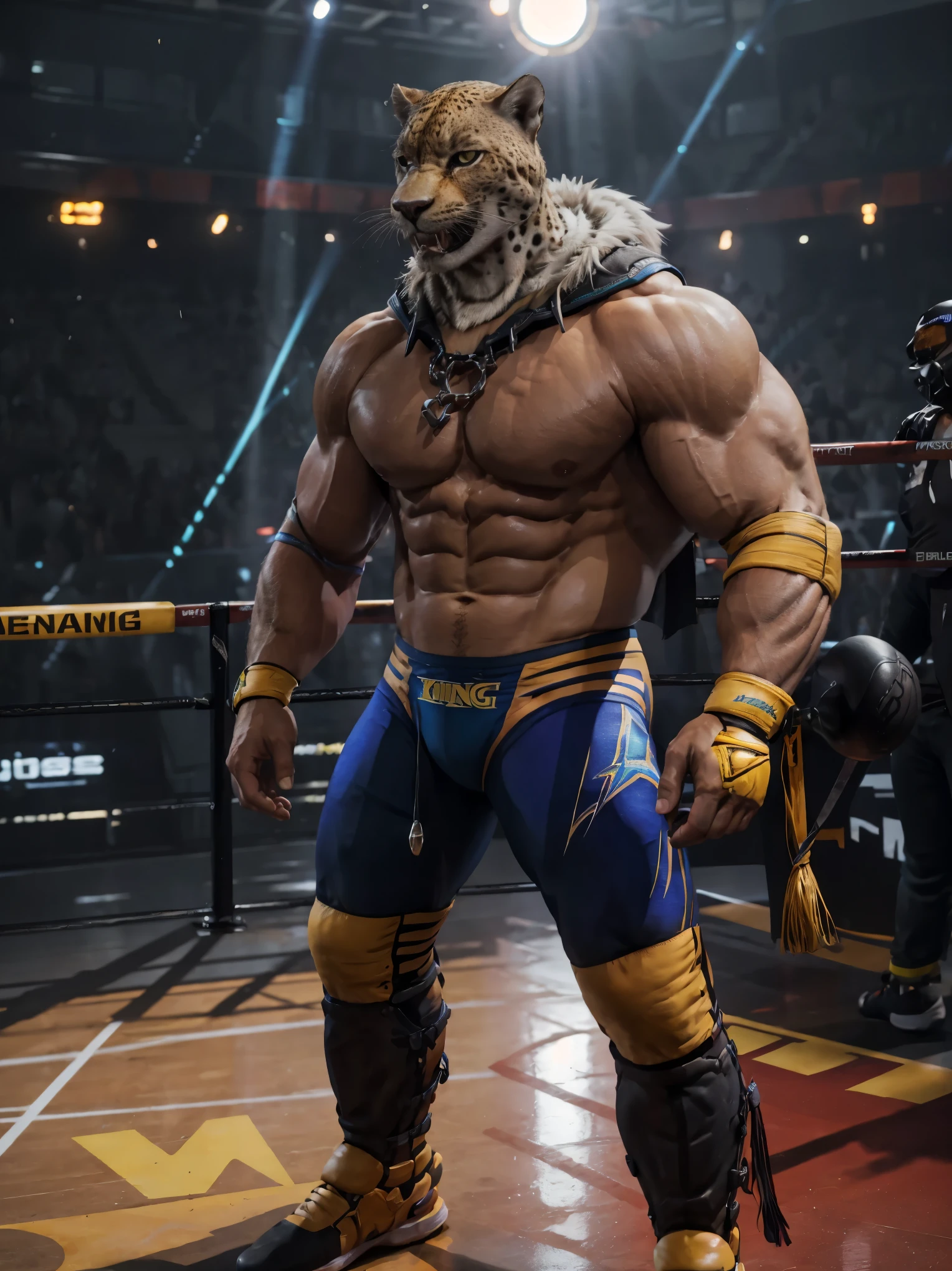 image of King from Tekken, wrestling outfit, ((standing)), looking towards the viewer, photorealistic, best quality, 8K masterpiece, 1man, minimal background, soft lighting, shadows accentuating muscles, full body, realistic skin, high resolution, high detailed, intricate details, soft natural light, king_tekken, simple background, muscular, pectorals, muscular male, simple background, photoshoot studio