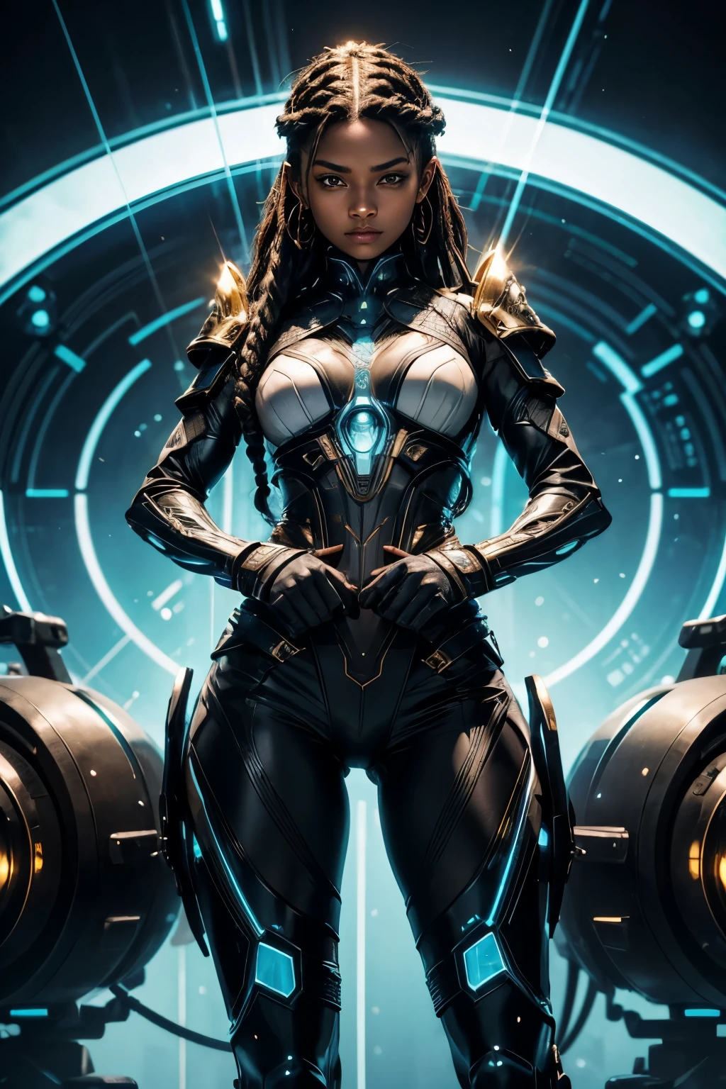 In the heart of a cutting-edge, technologically advanced battlefield, a powerful african Black girl warrior assumes a commanding stance. Her sleek futuristic armor, meticulously crafted with intricate designs and radiant shine, hugs her toned body. The suit's polished surface beautifully reflects the vibrant, pulsating lights of her high-tech environment. With her green braided hair cascading down her back, framing her strong, chiseled features, she exudes an undeniable aura of determination and strength. Her determined expression, intensified by her fierce gaze, reveals her unwavering resolve to protect and defend against any potential threat in this advanced, intricately detailed. She is beautiful, has a cute face. Her skin tone is dark brown.