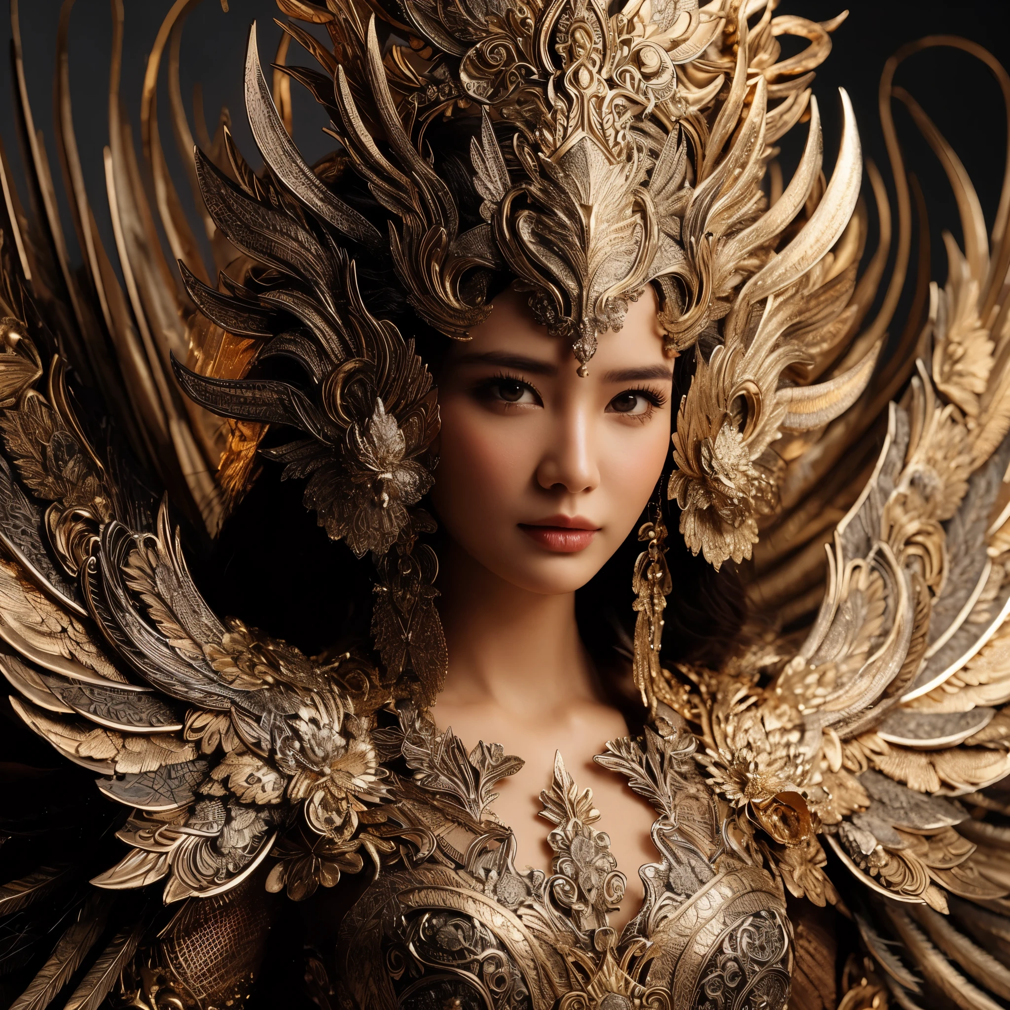 a close up of a woman wearing a golden costume with wings, goddess. extremely high detail,