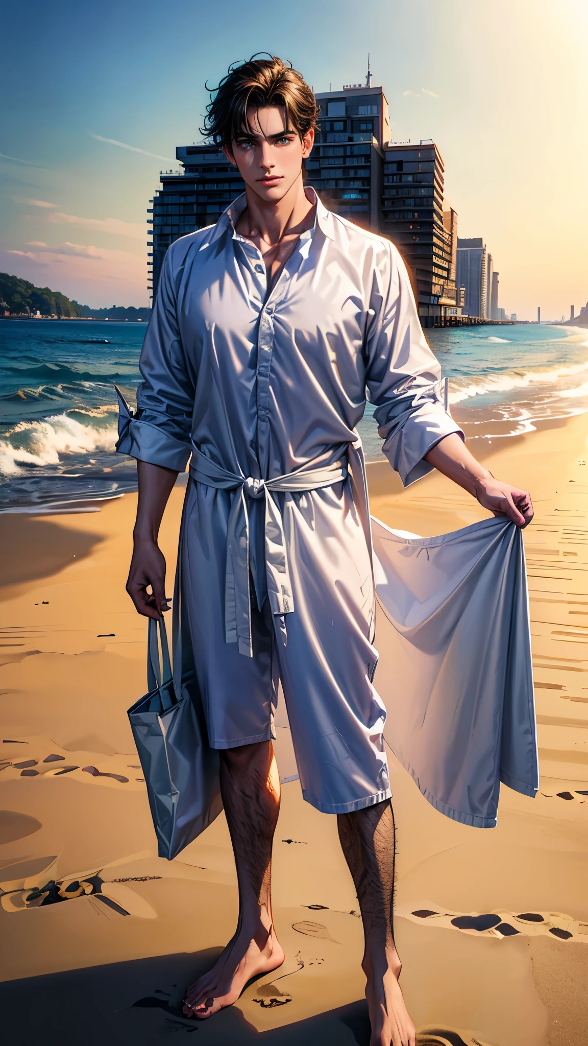 ((masterpiece, Best quality, a high resolution, ultra detailed),(beautiful and aesthetically pleasing:1.2), 1 man, adult, perfect body, Wavy short dark hair, green eyes, Detailed eyes and face, male body, male focus, muscle body, long oversized shirt, beachные шорты, golden hour, beach, sea, sand, Palma, complex parts, full body, beachные шлепки