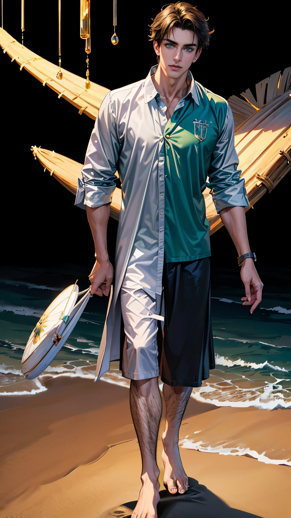 ((masterpiece, Best quality, a high resolution, ultra detailed),(beautiful and aesthetically pleasing:1.2), 1 man, adult, perfect body, Wavy short dark hair, green eyes, Detailed eyes and face, male body, male focus, muscle body, long oversized shirt, beachные шорты, golden hour, beach, sea, sand, Palma, complex parts, full body, beachные шлепки