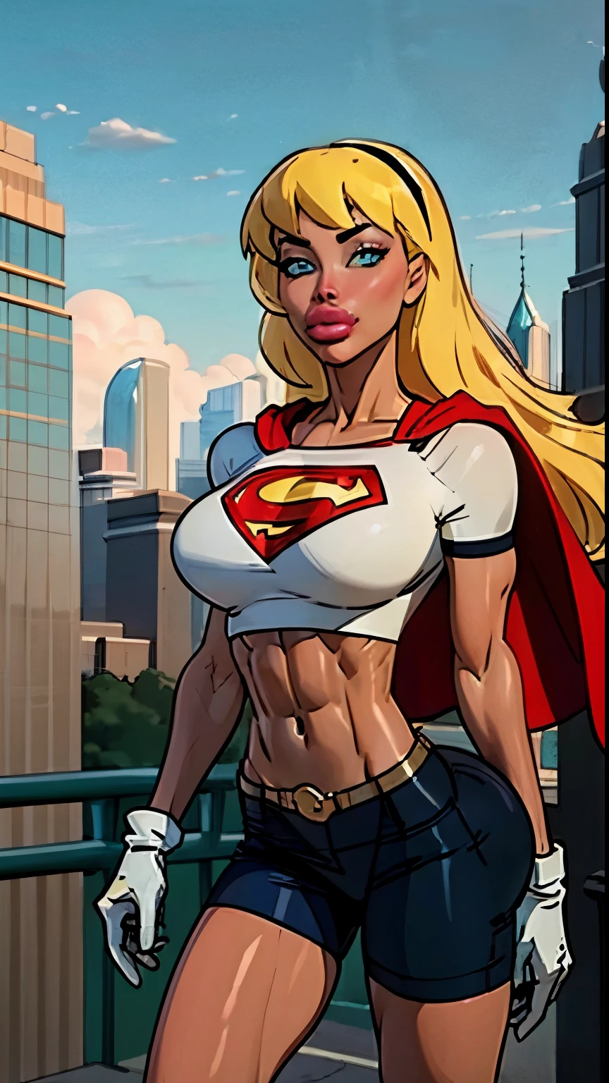 (cowboy shot), SFW, (masterpiece), (best quality: 1.0), (ultra highres: 1.0), detailed eyes,
BREAK,(slendered abs:1.4), (Aletta ocean face),
(Supergirl), 1girl,(( long blonde hair)),
Hair band, \(white\) crop top, dolphin shorts, gloves, boots
BREAK
(clouds, city, stunning view), ((warm lighting))