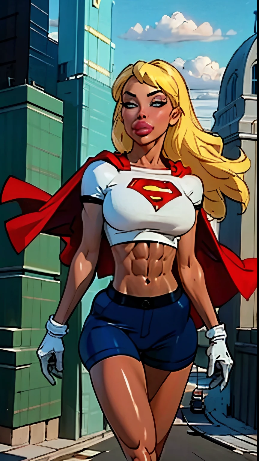 (cowboy shot), SFW, (masterpiece), (best quality: 1.0), (ultra highres: 1.0), detailed eyes,
BREAK,(slendered abs:1.4), (Aletta ocean face),
(Supergirl), 1girl,(( long blonde hair)),
Hair band, \(white\) crop top, dolphin shorts, gloves, boots
BREAK
(clouds, city, stunning view), ((warm lighting))