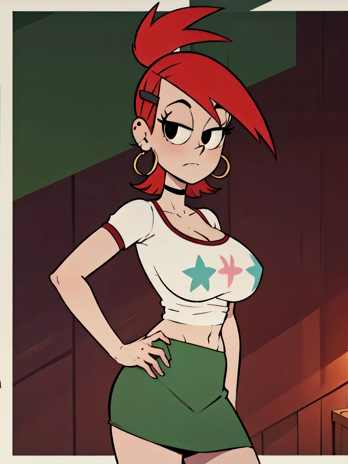 FostersStyle, red hair, green skirt, too short miniskirt,slutty outfit, seductive, abstract background, looking at viewer, slutty ,underboob, skimpy, cleavage, slutty pose, lewd, seductive expression, white tube top, standing, black eyes, sfw, big tits, looking at viewer, midriff, white shirt, strapless, upper body focus, FrankieFoster, standing, hands on hips, 1girl, solo, graphic on shirt, hanging breasts, nsfw