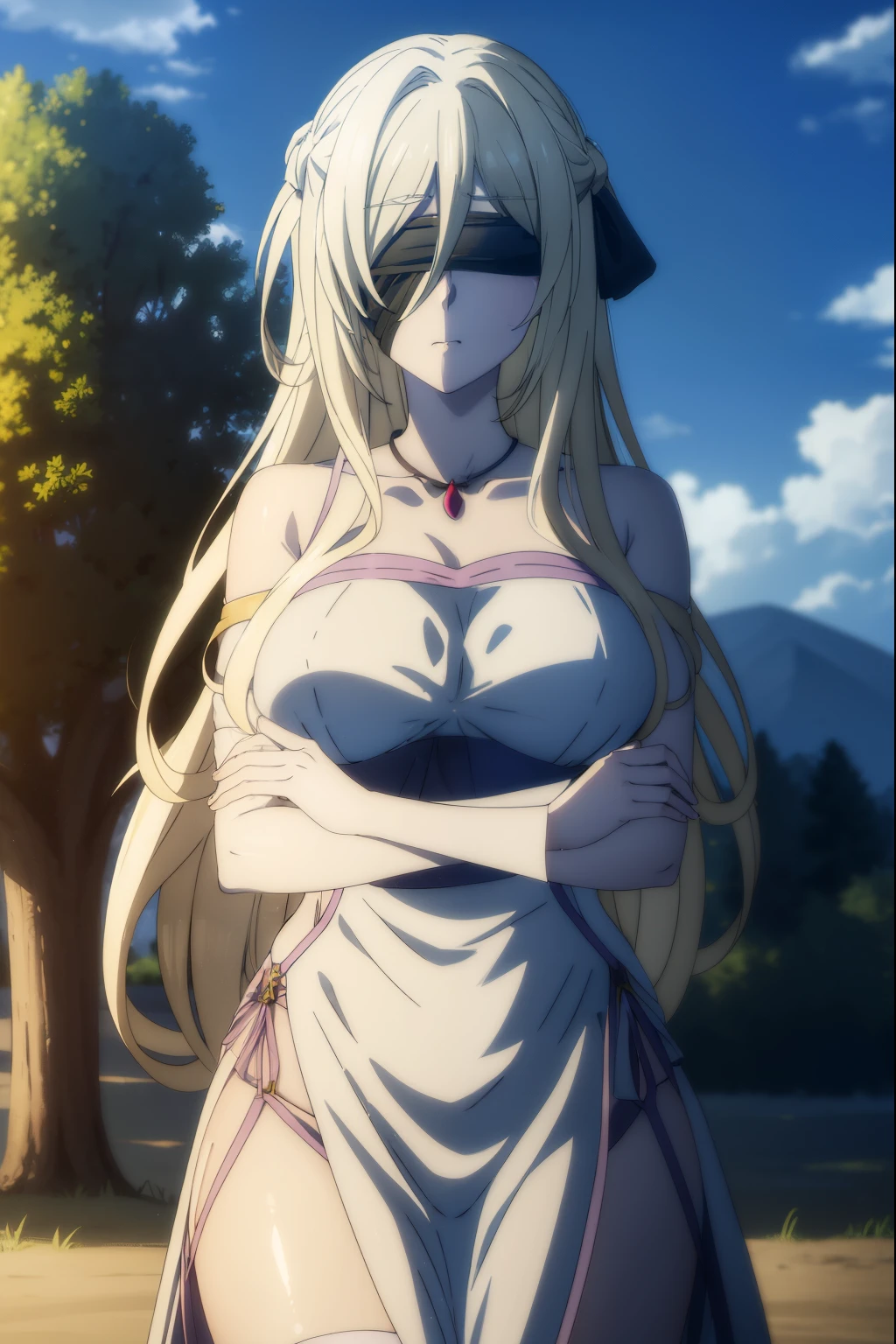 swordmaiden, sword maiden, long hair, bangs, blonde hair, blindfold, (covered eyes:1.2), black blindfold, (large breasts:1.2), pout, pouting, puffy cheeks,
BREAK dress, jewelry, necklace, (white dress:1.5), bare shoulders, collarbone,
BREAK outdoors, forest, nature, sun, sky, clouds, blue sky,
BREAK looking at viewer, (cowboy shot:1.5),
BREAK (masterpiece:1.2), best quality, high resolution, unity 8k wallpaper, (illustration:0.8), (beautiful detailed eyes:1.6), extremely detailed face, perfect lighting, extremely detailed CG, (perfect hands, perfect anatomy),