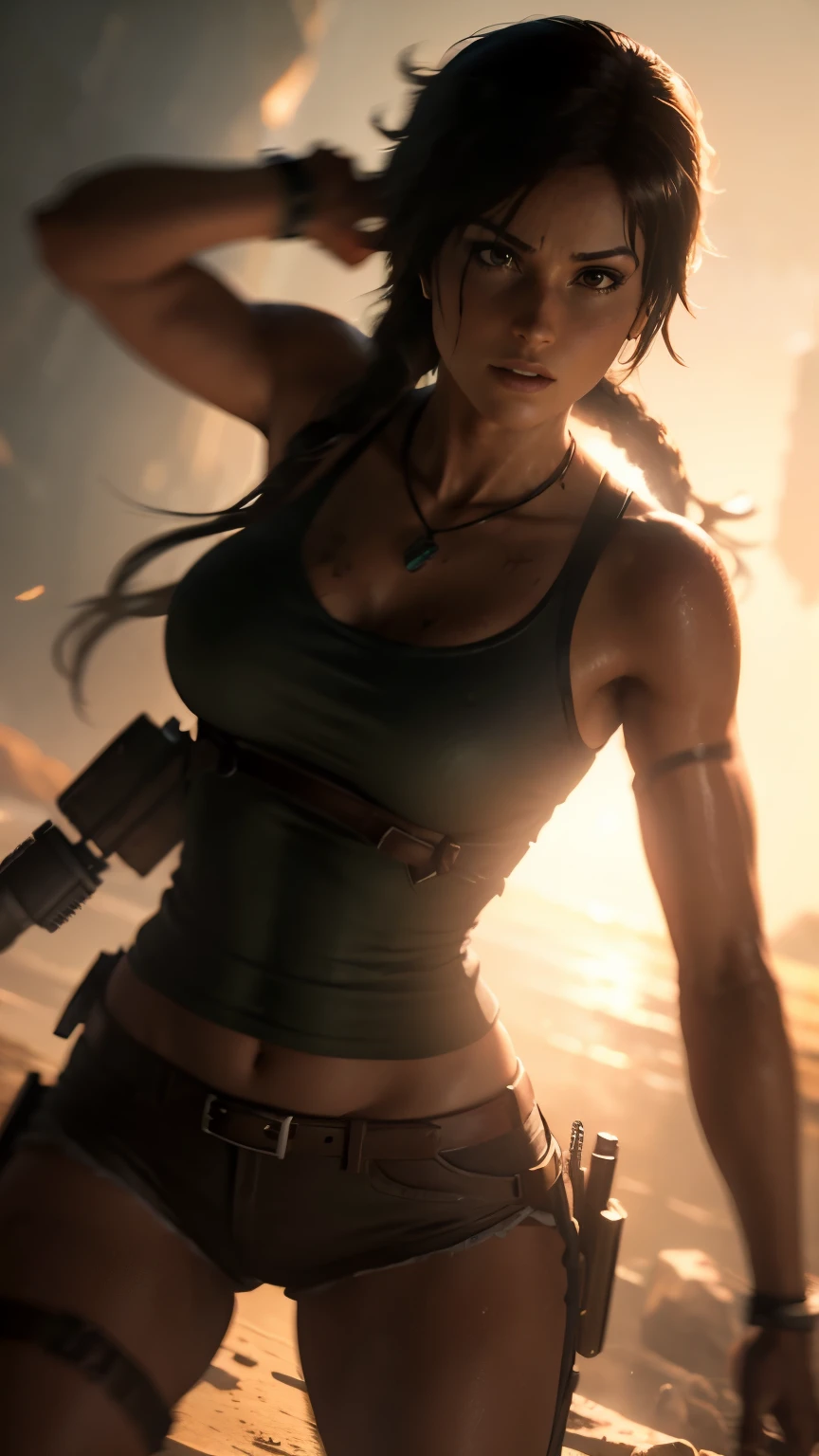 depth of field, cinematic lighting, motion blur, chromatic aberration, ray tracing, anime, 8k, super detail, best quality, 1080P, HD, 4K, 16k. Anime Lara Croft from Tomb Raider, athletic, action shot, epic image