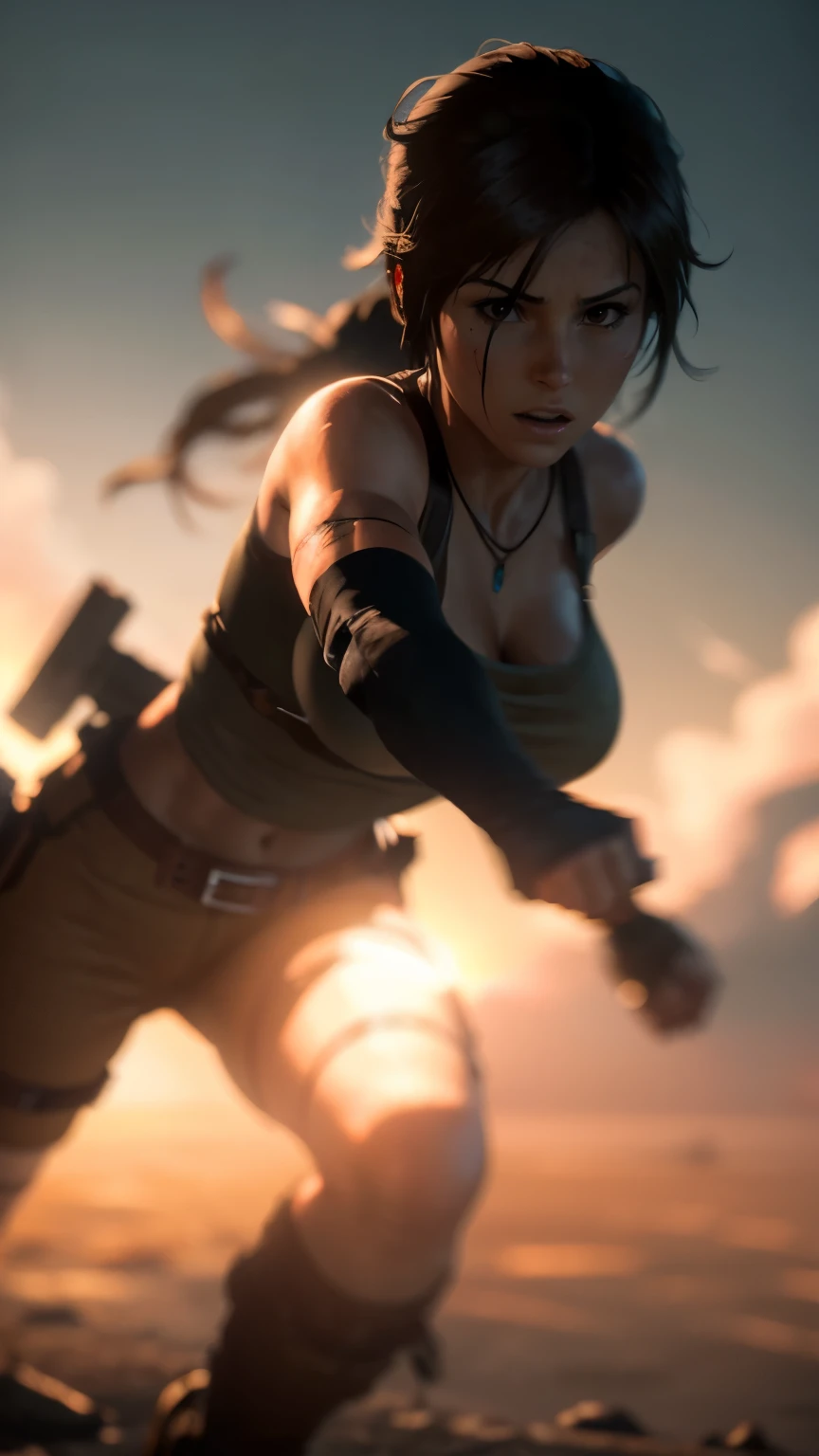 depth of field, cinematic lighting, motion blur, chromatic aberration, ray tracing, anime, 8k, super detail, best quality, 1080P, HD, 4K, 16k. Anime Lara Croft from Tomb Raider, athletic, action shot, epic image