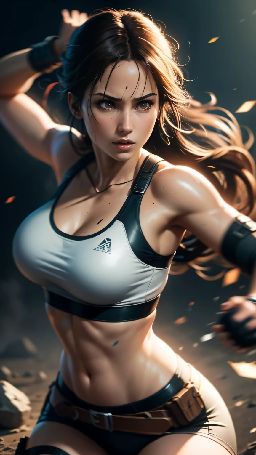 depth of field, cinematic lighting, motion blur, chromatic aberration, ray tracing, anime, 8k, super detail, best quality, 1080P, HD, 4K, 16k. Anime Lara Croft from Tomb Raider, athletic, action shot, epic image