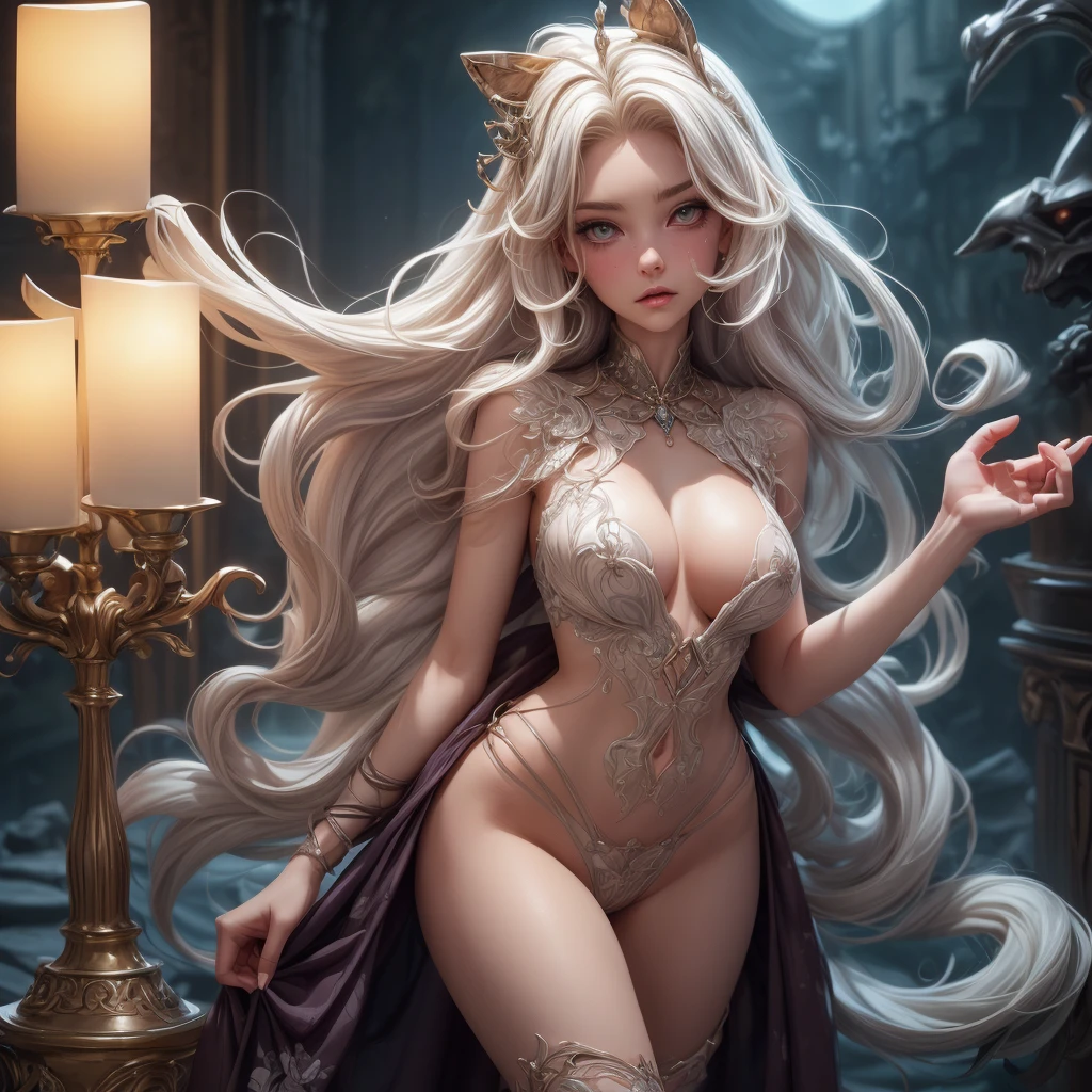 (a ghostly, ethereal, ethereal:1.1) young woman with (long, floor-length) (translucent, flowing) attire, resembling a cloak. She has (very long, flowing, cascading) hair that adds to her ghostly appearance. Her face is (gaunt, pale, ghostly), with a touch of (sorrow, mystery). The atmosphere around her is (gloomy, haunting), filled with (darkness, shadows). The setting is (dimly lit, candlelit), adding to the overall (obscurity, mysteriousness). In the background, there is a (sarcophagus, tomb, cemetery), partially (exposed, open). The scene exudes an eerie ambiance, with a hint of (nsfw, sensual) undertones, as if unveiling secrets from the past,exposed, subtle nudity,sexy_attire