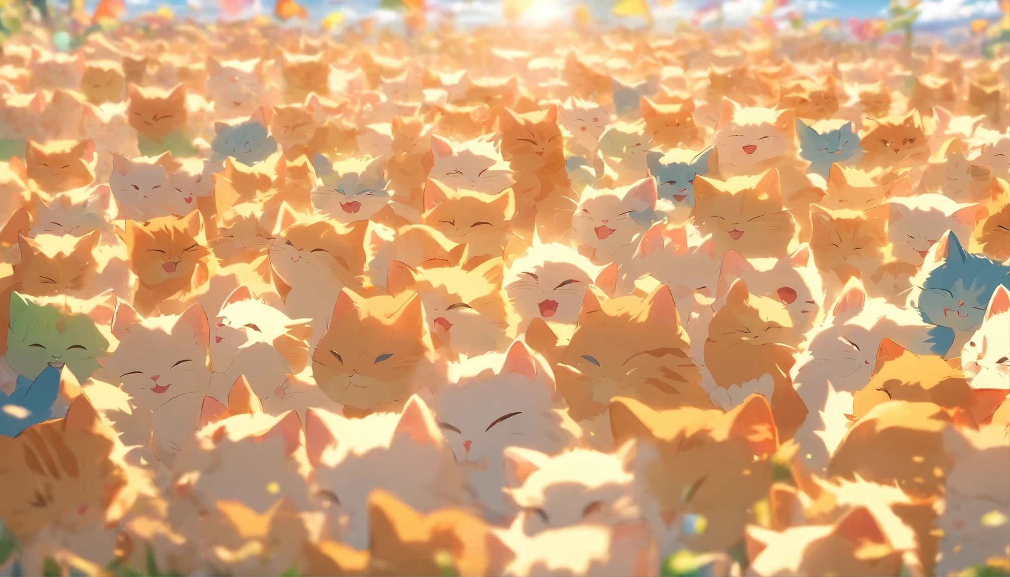 An army of thousands of colorful kittens stretches to the horizon, field, Sunny summer day