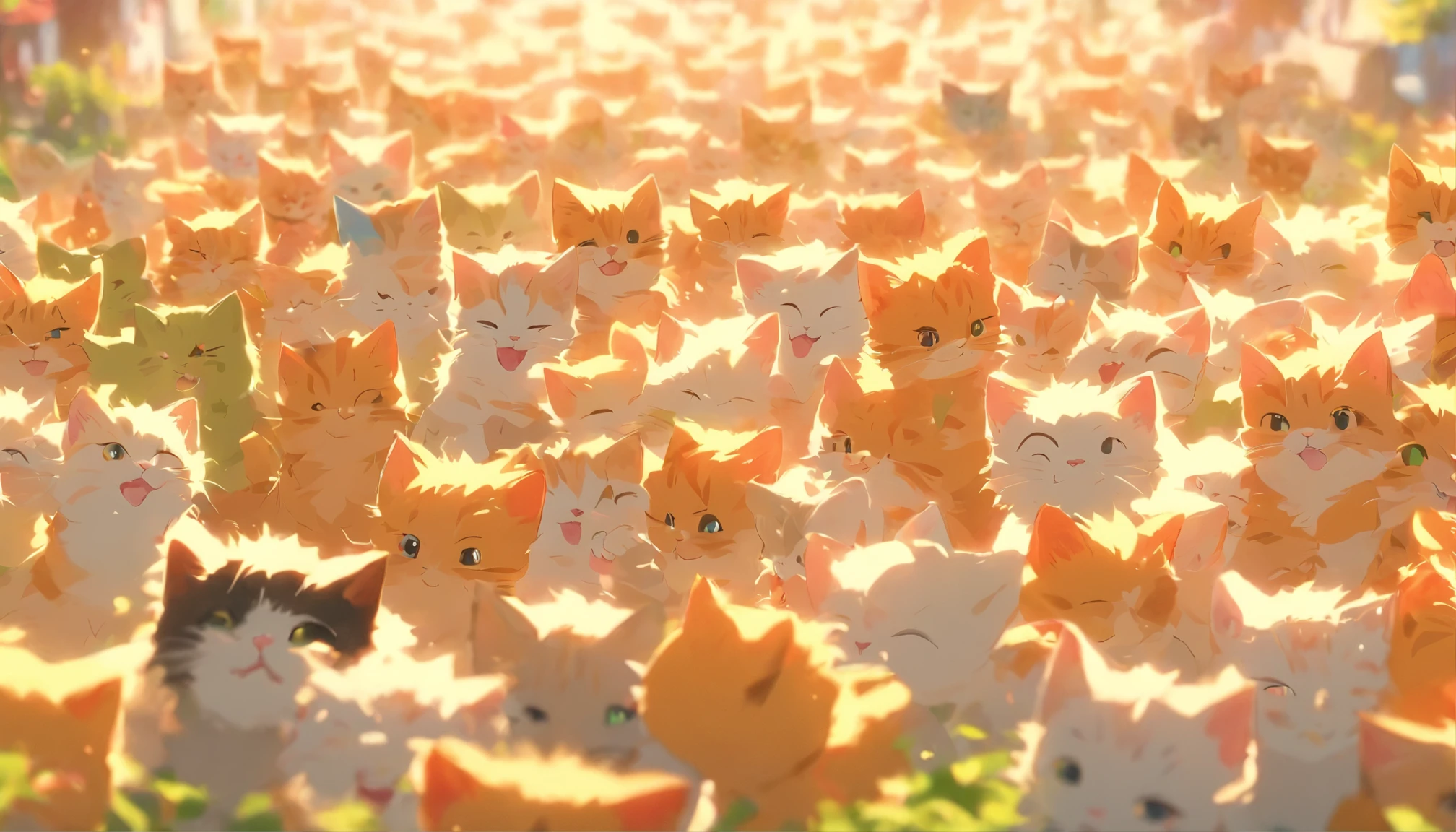 An army of thousands of colorful kittens stretches to the horizon, field, Sunny summer day