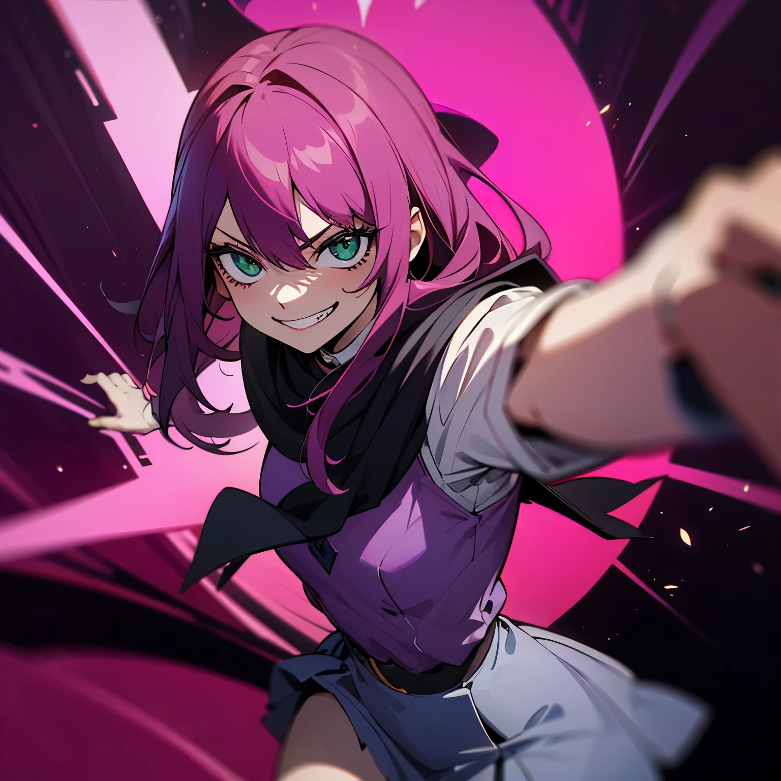 1 girl, dark pink hair, green eyes, beautiful girl, villain, grin, psycho, psycho smirk, straight hair, (((noble cloth))), short skirt, purple cloth, detailed eyes 