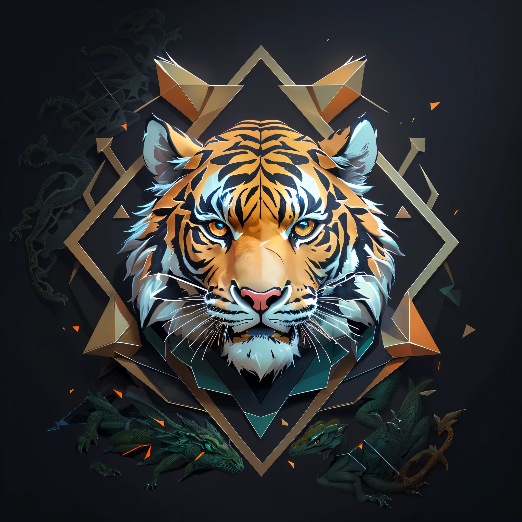 Vector tiger logo with geometric design, tiger head, tiger face, ((tiger)), tiger, low poly vector illustration, tiger_beast, sacred tiger, cosmic tiger, vector illustration, a tiger, low poly style, (red and orange colors), low polygons illustration, anthropomorphic tiger, tigers,((Lizards eyes)), polygonal art, ((black background))