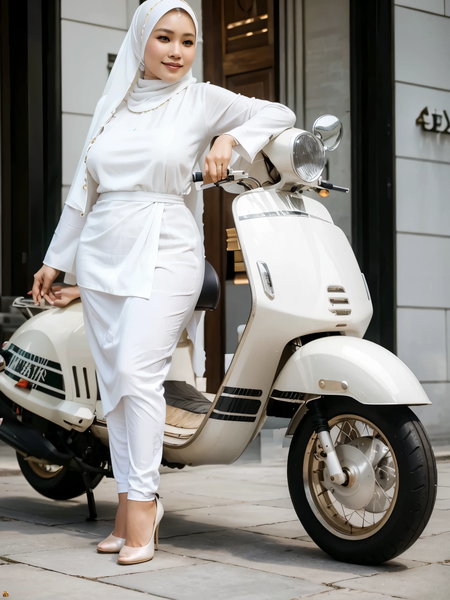 RAW, Best quality, high resolution, Masterpiece: 1.3, Indonesian woman wearing hijab, (40 years), plump, wearing white kebaya, Javanese gamis, dress, beautiful Javanese hijabi with pearl skin wearing tribal slaves, heels, Masterpiece, white high stockings, A gentle smile, sitting on a Vespa Dior