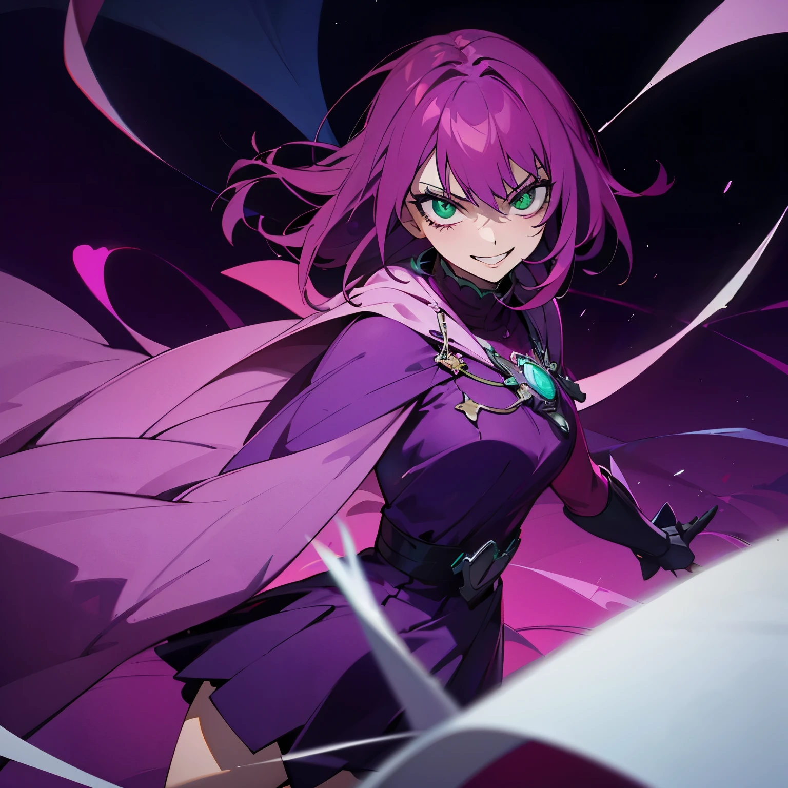 1 girl, dark pink hair, green eyes, beautiful girl, villain, grin, psycho, psycho smirk, straight hair, (((noble cloth))), short skirt, purple cloth, detailed eyes 