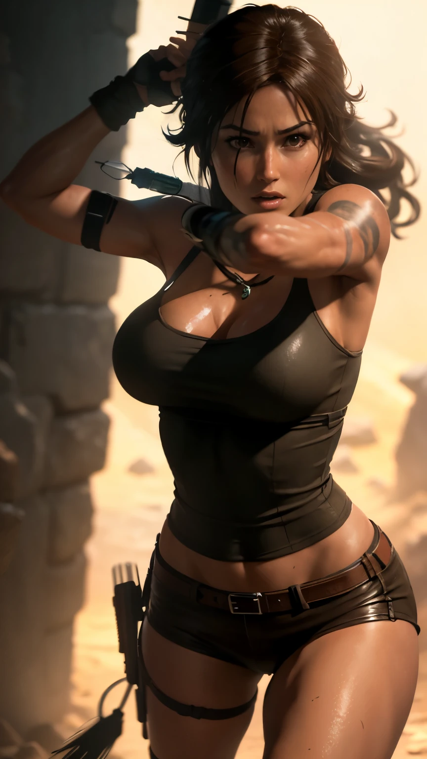 depth of field, cinematic lighting, motion blur, chromatic aberration, ray tracing, anime, 8k, super detail, best quality, 1080P, HD, 4K, 16k. Anime Lara Croft from Tomb Raider, athletic, action shot, epic image, bow and arrow
