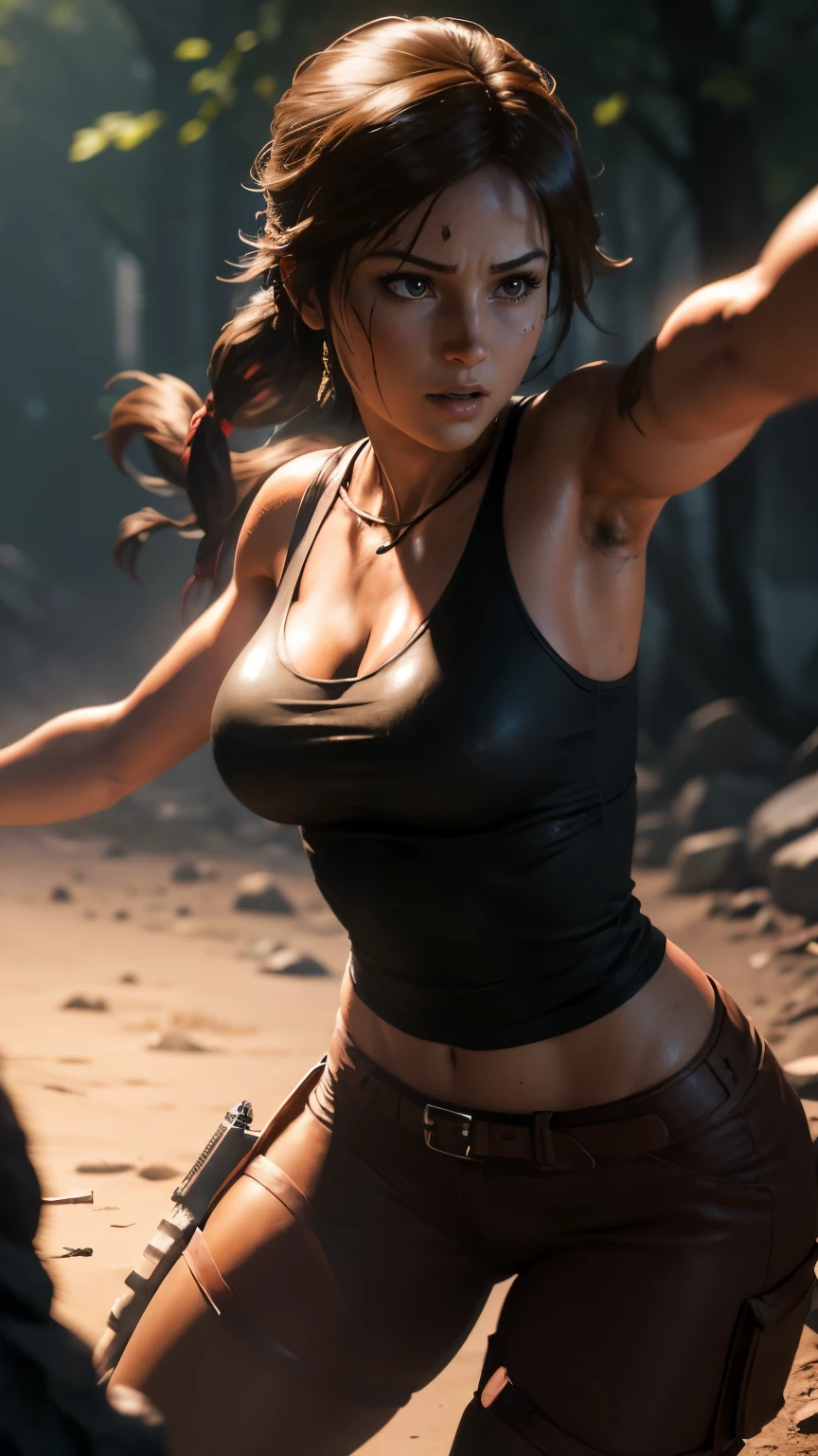 depth of field, cinematic lighting, motion blur, chromatic aberration, ray tracing, anime, 8k, super detail, best quality, 1080P, HD, 4K, 16k. Anime Lara Croft from Tomb Raider, athletic, action shot, epic image, bow and arrow