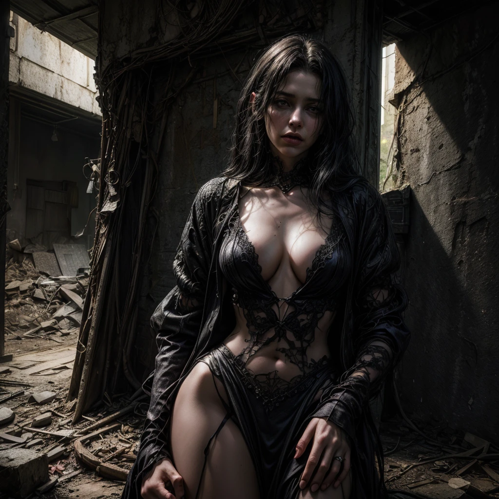 (torso of a young woman), (best quality,4k,8k,highres,masterpiece:1.2),ultra-detailed,(realistic,photorealistic,photo-realistic:1.37),dark fantasy,street scene,unfamiliar environment,detailed buildings,ominous atmosphere,mysterious creatures,horrifying presence,unsettling,shadowy figures,intense darkness,young girl,long hair,innocent face,vulnerable position,hopeless situation,distressed expression,starry sky,dimly lit street lamps,dark colors,overgrown plants,quirky architecture,strange symbols,haunting shadows,abandoned feel,loneliness,magic in the air,creepy atmosphere,enchanted surroundings,gothic elements,otherworldly aura,dramatic composition,contrasting light and shadow,foreboding,uncertainty, bright weather, sunny day, brigth ambiences, light everywhere, nsfw, exposed woman, naked woman, nude, exposed, subtle nudity