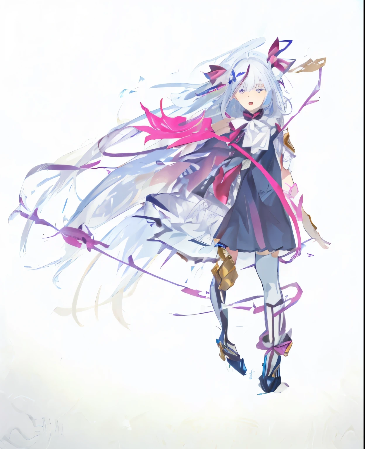 anime girl，Long hair holding bow, white hair deity, from, eager character, Oriental Project official artwork, ( ( character concept art ) ), zero art, White-haired, official character art, author：golden flame, with white hair, Goto Koharu, white hair masterpiece, high resolution, ridiculous, Super detailed, delicate eyes, 8k, Titanium embedded_Kobo Canaero, 1 girl, Colored eyes,  Bangs, Colorful background, looking at the audience,