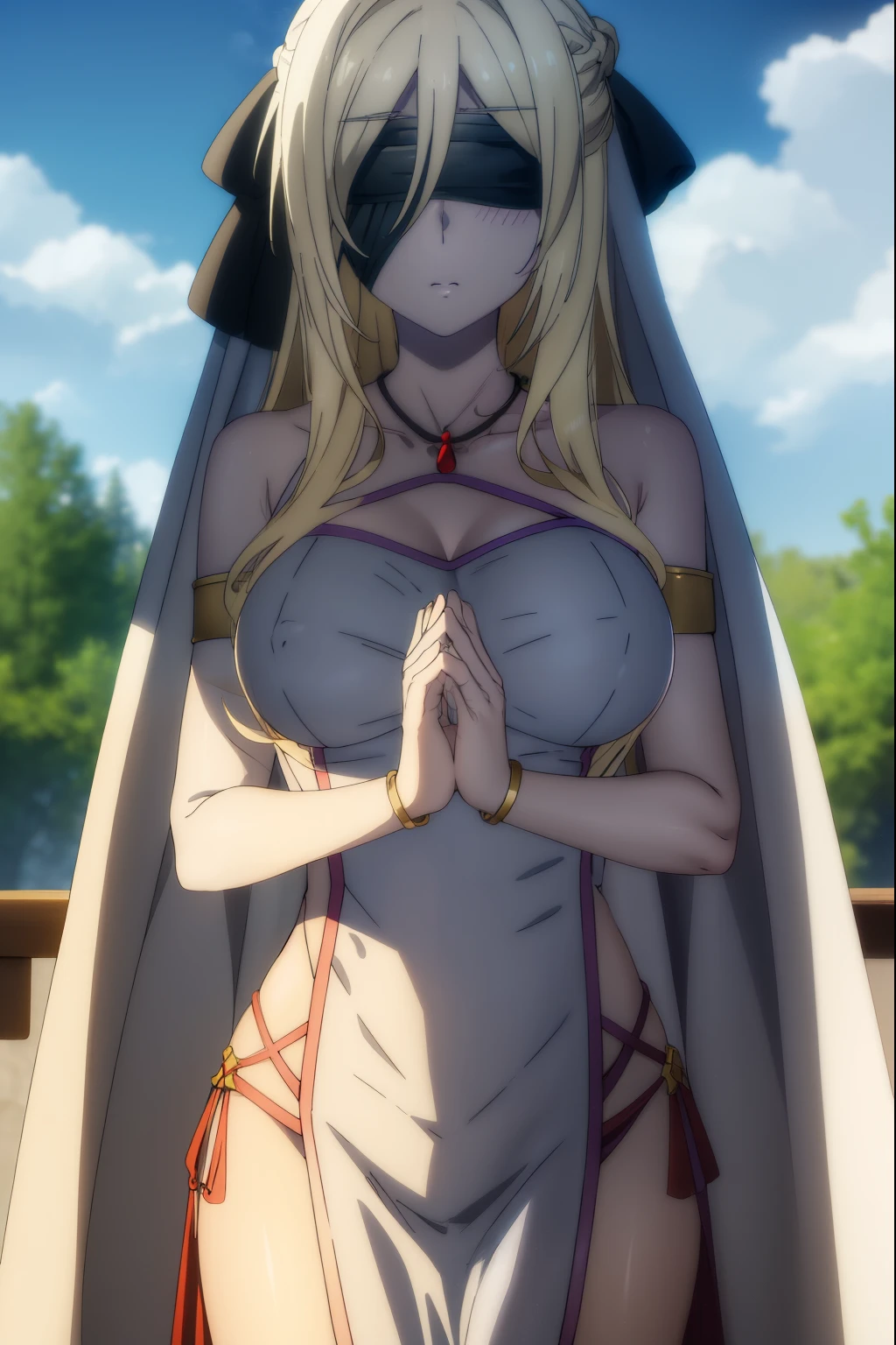 swordmaiden, sword maiden, long hair, bangs, blonde hair, blindfold, (covered eyes:1.2), black blindfold, (large breasts:1.2), pout, pouting, puffy cheeks,
BREAK dress, jewelry, necklace, (white dress:1.5), bare shoulders, collarbone,
BREAK outdoors, forest, nature, sun, sky, clouds, blue sky,
BREAK looking at viewer, (cowboy shot:1.5),
BREAK (masterpiece:1.2), best quality, high resolution, unity 8k wallpaper, (illustration:0.8), (beautiful detailed eyes:1.6), extremely detailed face, perfect lighting, extremely detailed CG, (perfect hands, perfect anatomy),