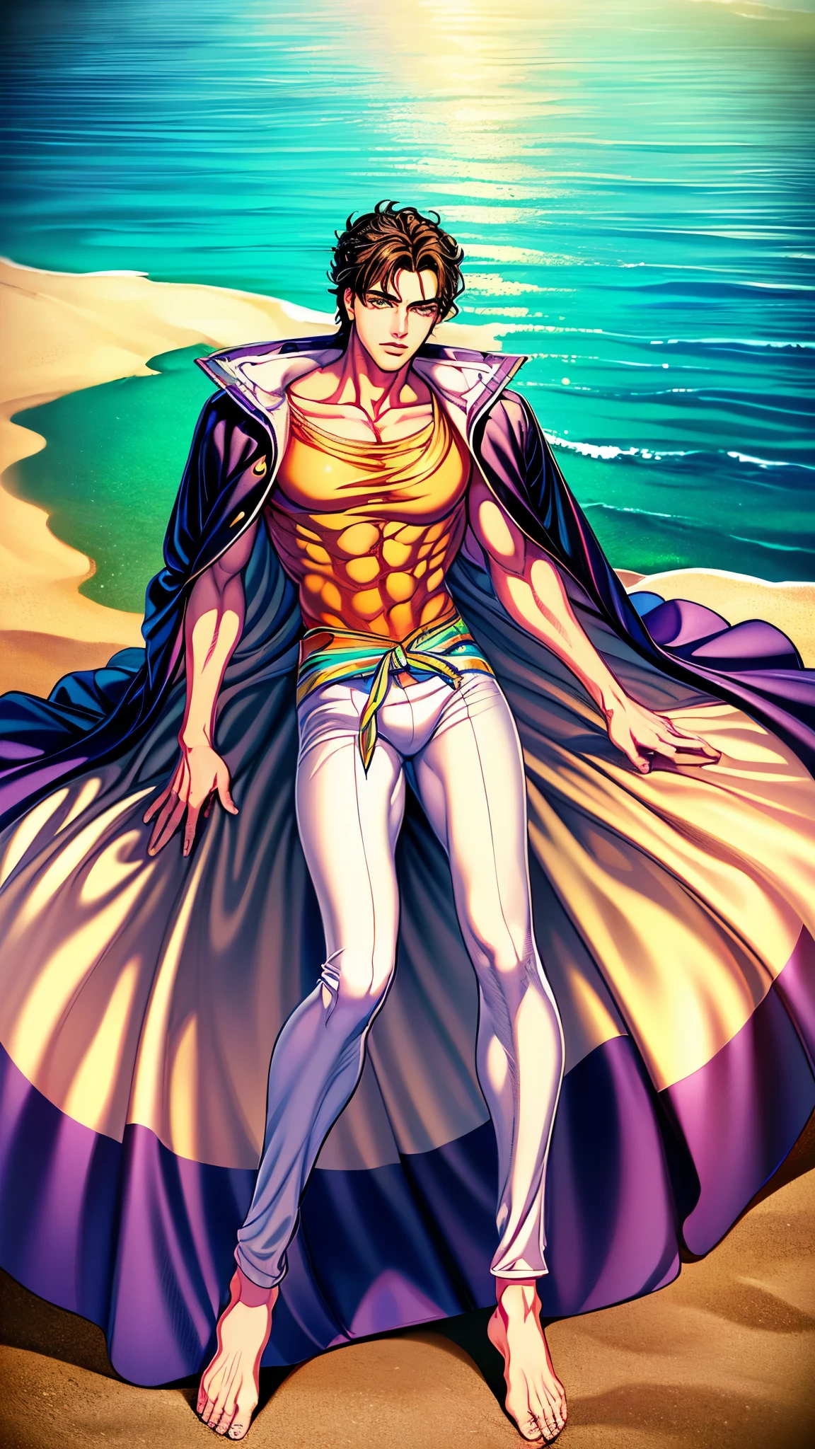 ((masterpiece, Best quality, a high resolution, ultra detailed),(beautiful and aesthetically pleasing:1.2), 1 man, adult, perfect body, Wavy short dark hair, green eyes, Detailed eyes and face, male body, male focus, muscle body, long oversized shirt, beachные шорты, golden hour, beach, sea, sand, Palma, complex parts, full body, beachные шлепки