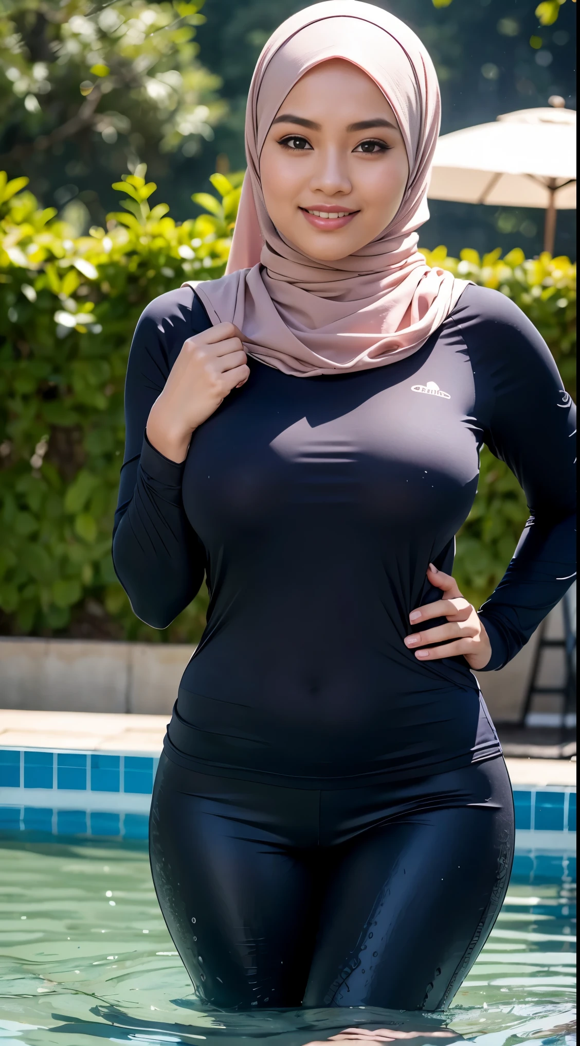 RAW, Best quality, high resolution, masterpiece: 1.3), beautiful Malay woman in hijab (iu:0.8),Best quality, high resolution, Masterpiece: 1.3, Beautiful hijabi malay girl, Masterpiece, Soft smile,Beautiful Malay women wear pastel color hijab standing in water park , in waterpoll,bright sunshine, hiking clothes, pullover, long pants, highres,4k,HDR,1girl, photorealistic, realistic,sweat skin, wet clothes, wet body, big breast, ((full body))soaked, dripping, smiling at viewer, closeup