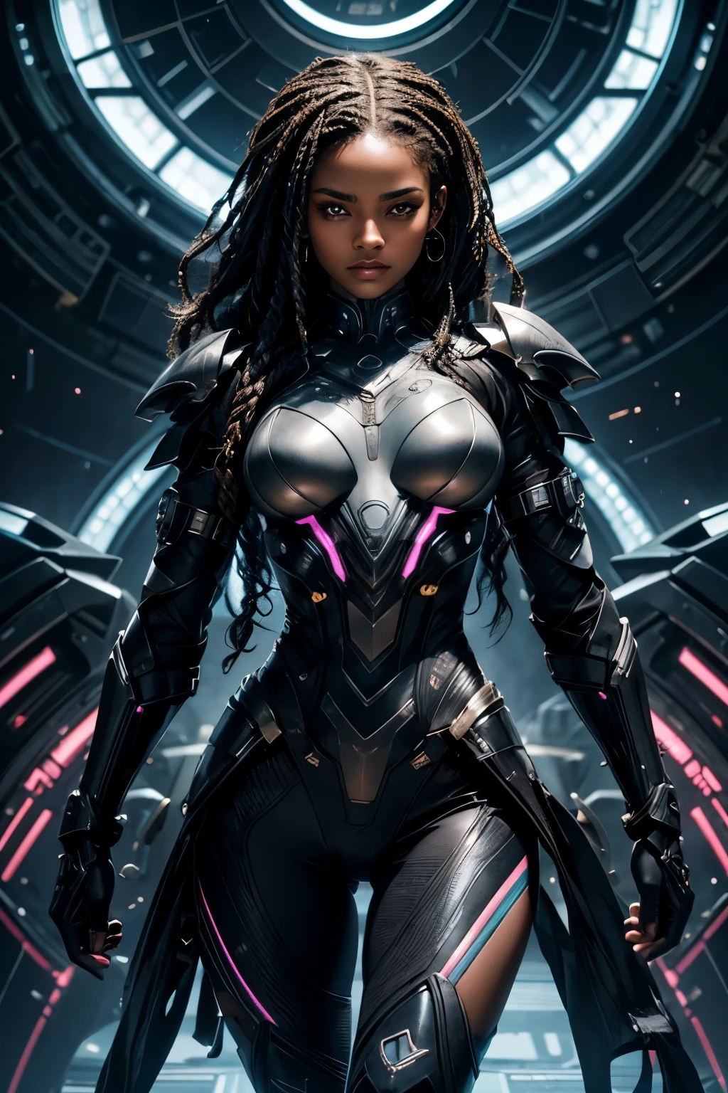In the heart of a cutting-edge, technologically advanced battlefield, a powerful african Black girl warrior assumes a commanding stance. Her sleek futuristic armor, meticulously crafted with intricate designs, radiant shine and black lights, hugs her toned body. The suit's polished surface beautifully reflects the vibrant, pulsating lights of her high-tech environment. With her black braided curly hair cascading down her back, framing her strong, chiseled features, she exudes an undeniable aura of determination and strength. Her determined expression, intensified by her fierce gaze, reveals her unwavering resolve to protect and defend against any potential threat in this advanced, intricately detailed. She is beautiful, has a cute face. Her skin tone is dark brown.