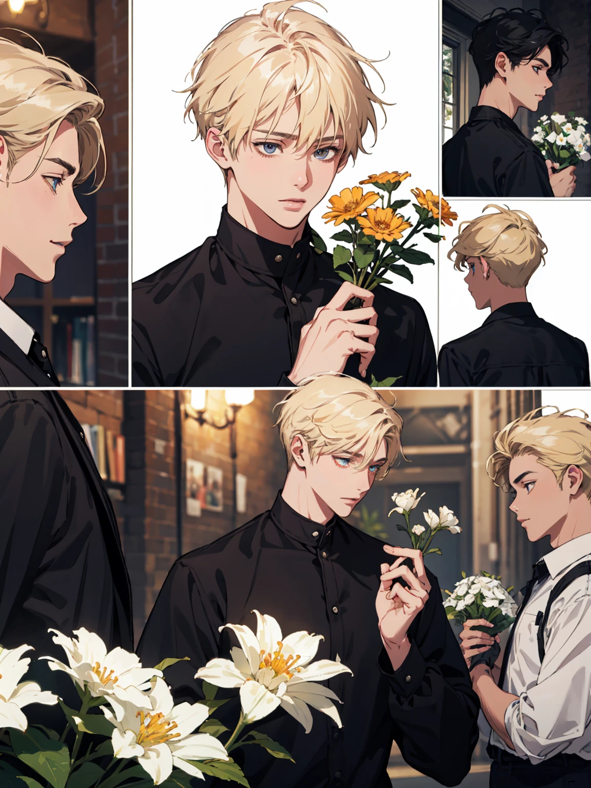masterpiece, collage of teenage boy holding flowers, blond hair, black hair, 