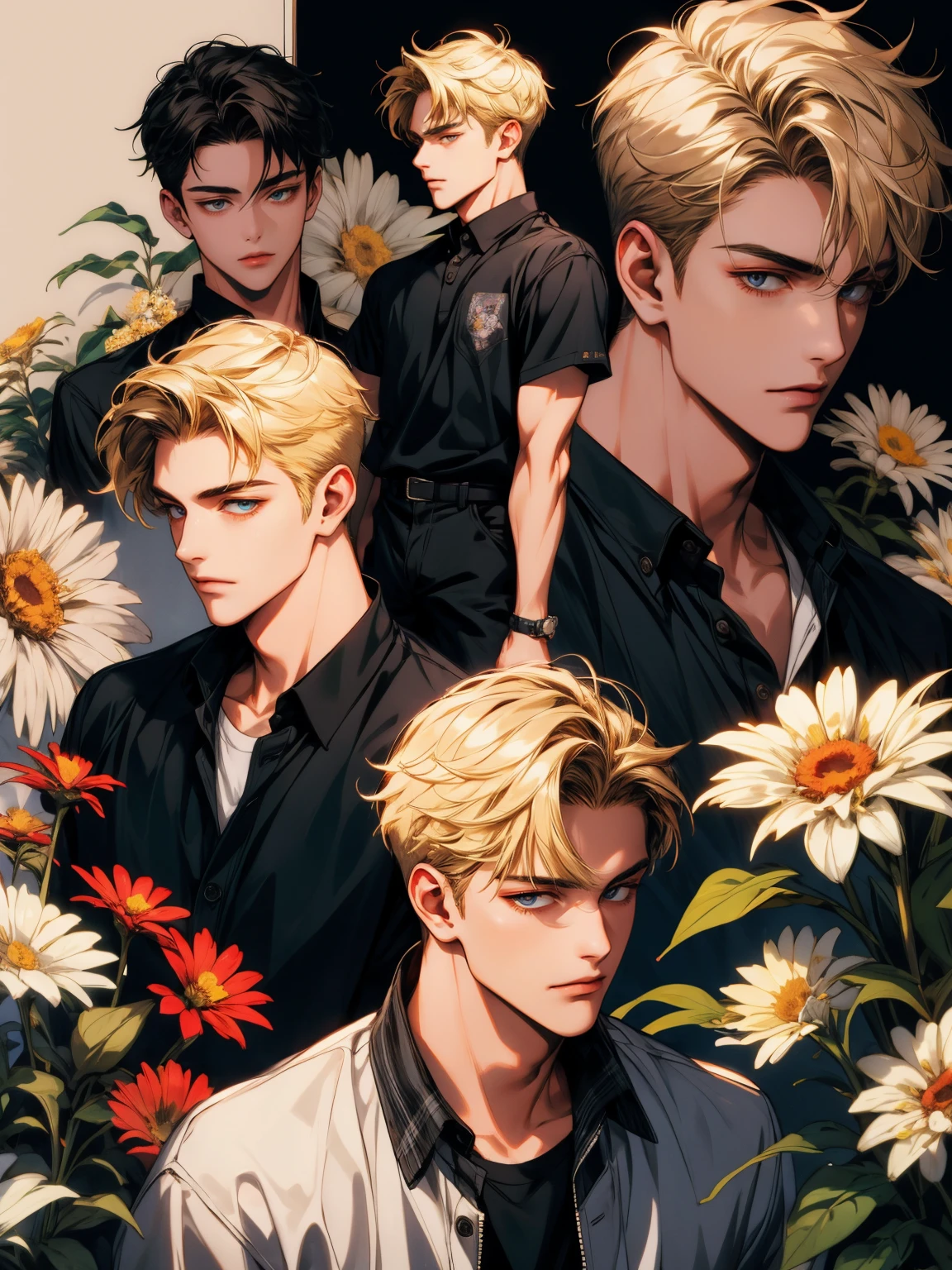 masterpiece, collage of teenage boy holding flowers, blond hair, black hair, 