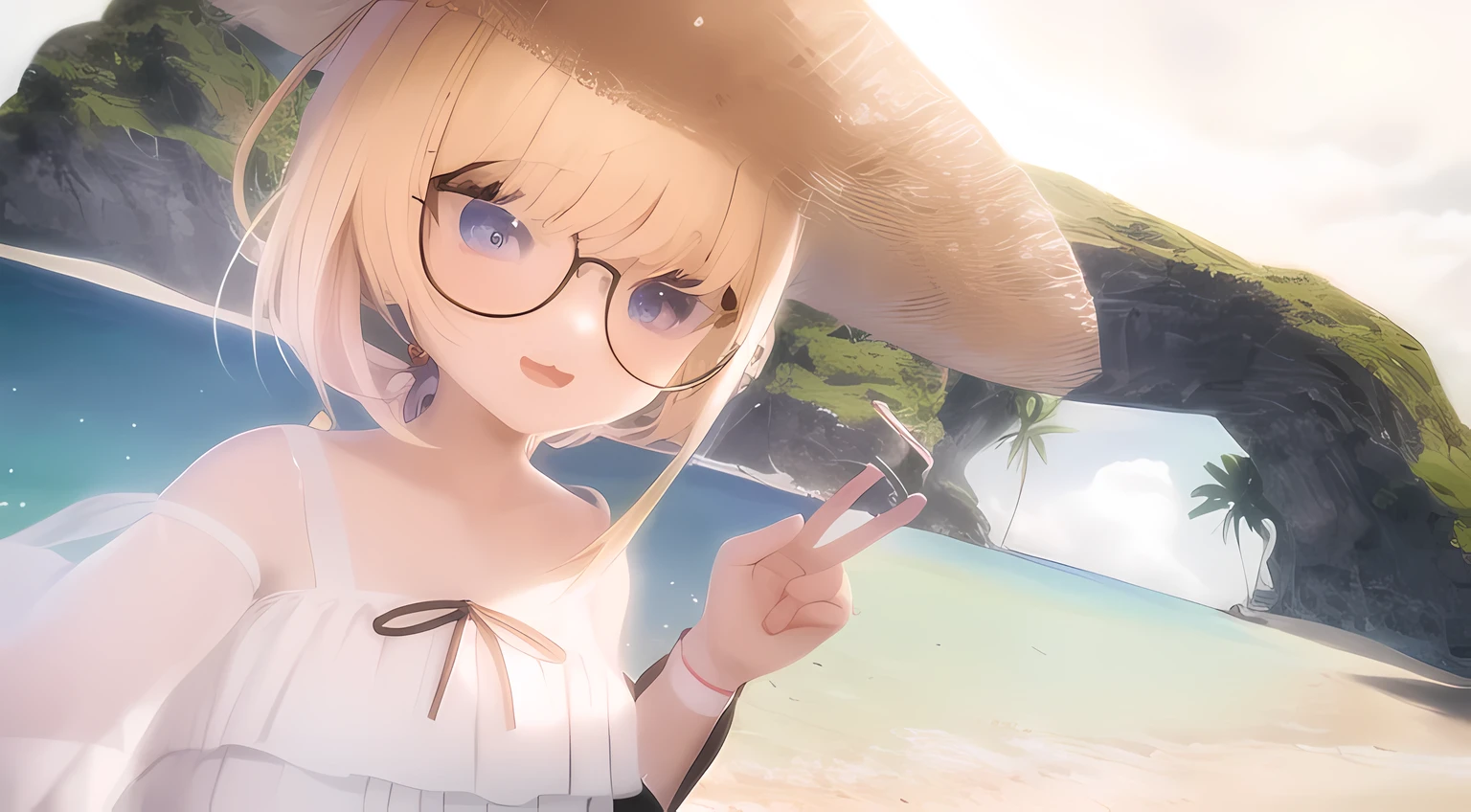 blonde anime girl with round glasses and a straw hat on a beach, blue eyes, white bikini, show shoulders, piece hand sign, render of a cute 3d anime girl, anime styled 3d, hanayamata, small curvy , realistic anime 3 d style, 3d anime girl, anime moe artstyle, vrchat, , anime style. 8k, stylized anime, render of april, shikamimi, at a tropical beach