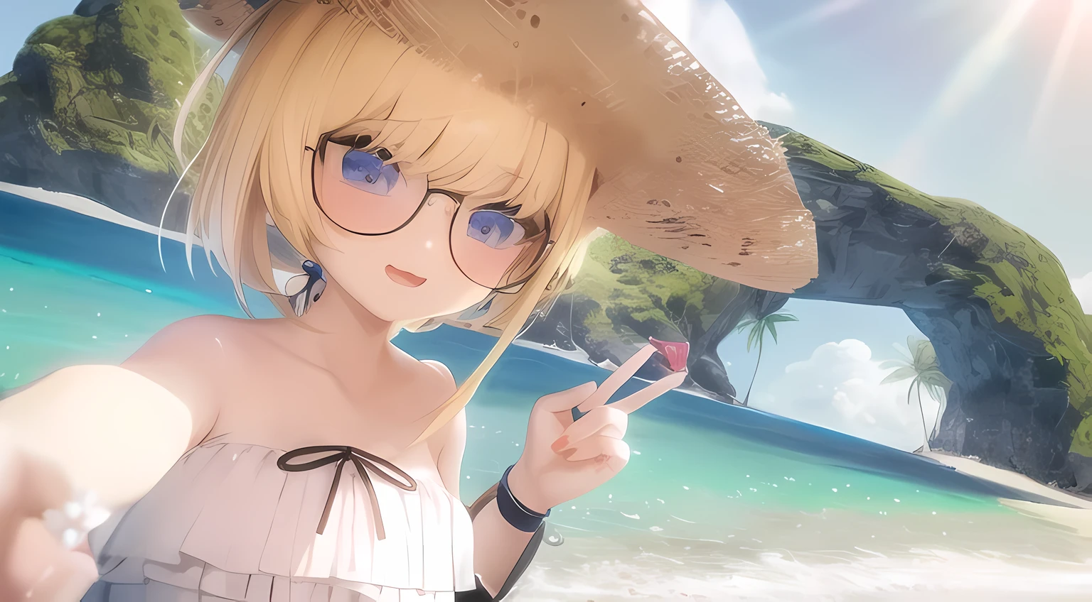 blonde anime girl with round glasses and a straw hat on a beach, blue eyes, white bikini, show shoulders, piece hand sign, render of a cute 3d anime girl, anime styled 3d, hanayamata, small curvy , realistic anime 3 d style, 3d anime girl, anime moe artstyle, vrchat, , anime style. 8k, stylized anime, render of april, shikamimi, at a tropical beach