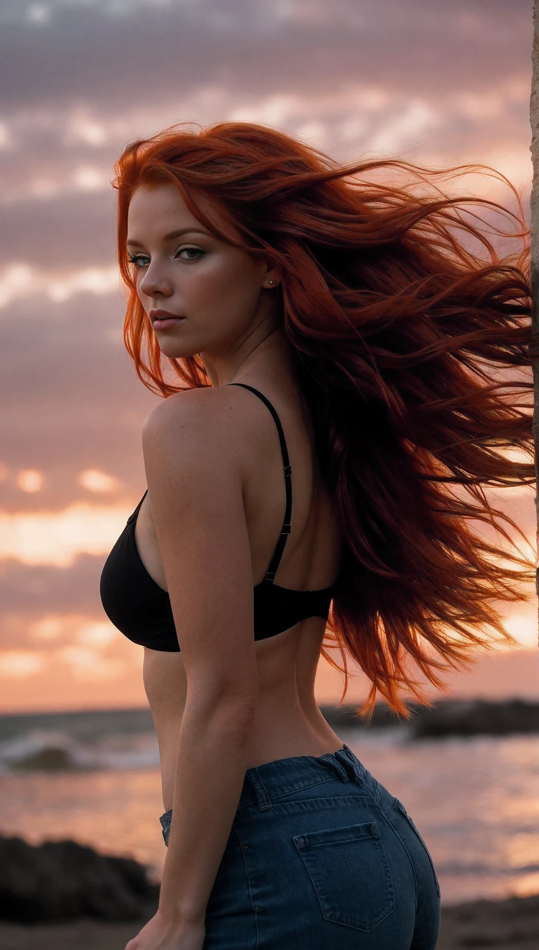 a photograph of a redhead woman with windswept tresses, her hair entangled like flames against a twilight sky, emanating untamed beauty