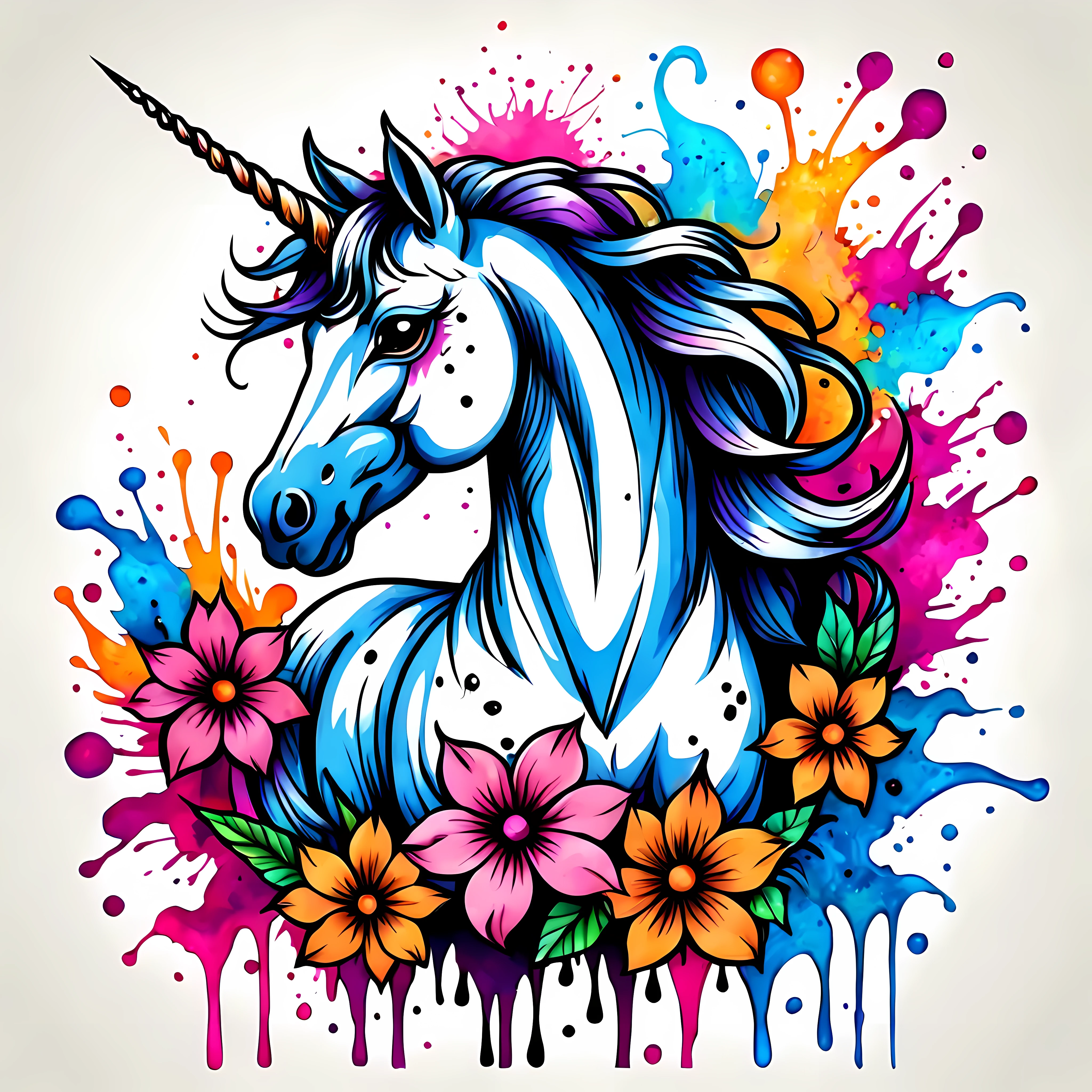 (Ink drawing:1.4), masterpiece in maximum 16K resolution, a big whimsical majestic fantasy unicorn, ((divine aura)), ((flower tattoos)). | Simple background with colorful ink splatter and stains. | ((More_Detail))