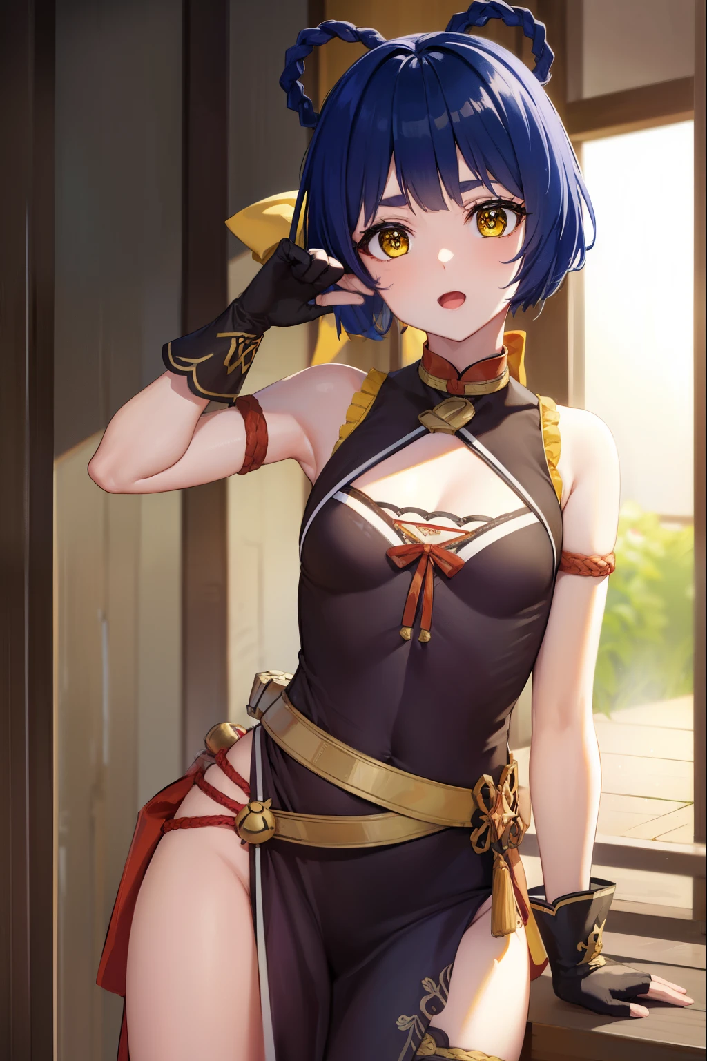 genshinxiangling, xiangling, blue hair, braid, braided hair rings, hair ornament, hair rings, hairclip, (yellow eyes:1.5), (small breasts:1.2), open mouth,
BREAK arm strap, bare shoulders, bell, belt, black footwear, black gloves, boots, brown belt, cleavage, cleavage cutout, clothing cutout, dress, fingerless gloves, gloves, high heels, jingle bell, thigh strap,
BREAK looking at viewer, (cowboy shot:1.5),
BREAK indoors, restaurant,
BREAK (masterpiece:1.2), best quality, high resolution, unity 8k wallpaper, (illustration:0.8), (beautiful detailed eyes:1.6), extremely detailed face, perfect lighting, extremely detailed CG, (perfect hands, perfect anatomy),