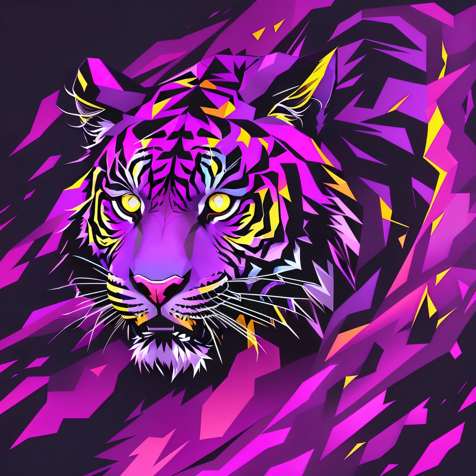 Vector tiger art with geometric design, tiger head, tiger face, ((tiger)), tiger, low poly vector illustration, tiger_beast, sacred tiger, cosmic tiger, vector illustration, a tiger, low poly style, (pink and purple colors), low polygons illustration, anthropomorphic tiger, tigers,((Lizard eye)), polygonal art, ((black background))
