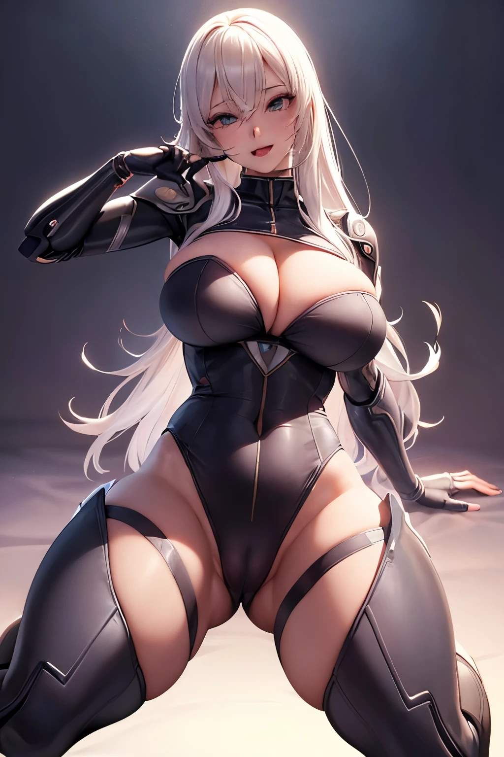 (Hyperrealistic photo), (female robots:1.1), (Nijia), (cyber ninja:1.1) (from science fiction), (skimpy uniform:1.2), (full body), open chest, open legs, (sucking finger:1.1), open mouth, smiling, beautiful, (very detailed skin), (detailed face:1.2), (detailed eyes:1.2), stretching, (realistic), bokeh, SLR camera, soft light, (futuristic:1.1), (high-tech bedroom:1.1), (huge breasts:1.2), (busty), (deep cleavage), (breasts bulge:1.3), (cameltoe:1.2).