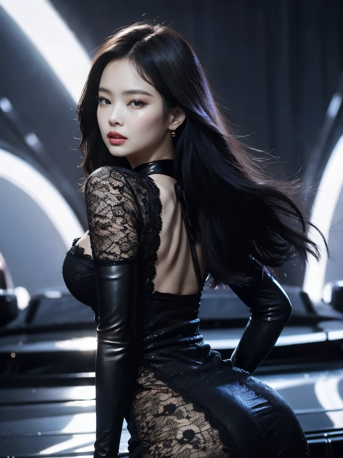 a Korean girl with long black hair is wearing a tight lace dress, black leather gloves, small waist, long black realistic hair, full lips, sensual makeup, soft black lace dress, big bust , big booty, beautiful woman, Jennie Kim, has cleavage, big bust, low light, High definition, Realistic, high definition, high quality, Kim Jennie, car background