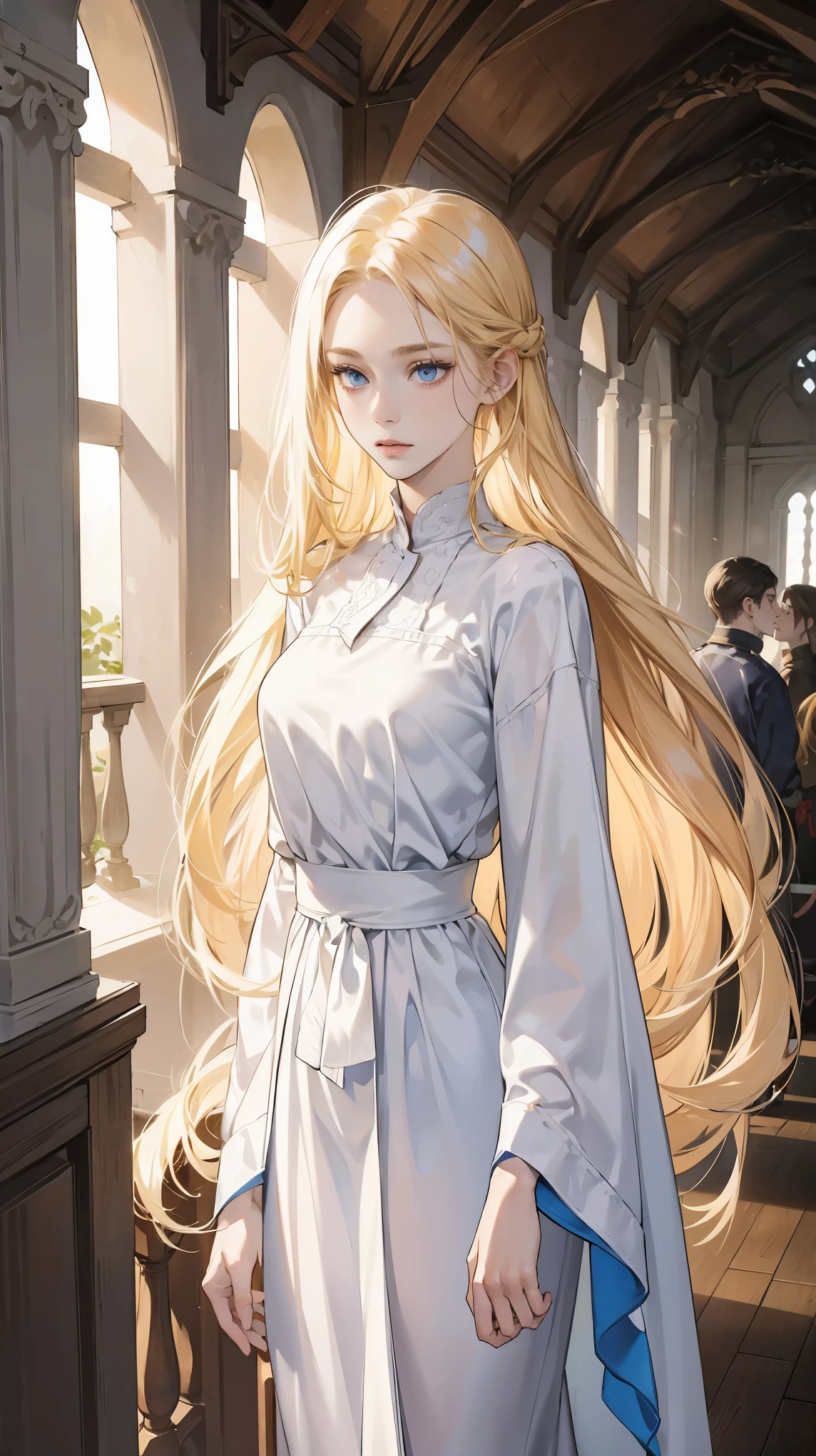 Masterpiece a perfect art Woman with long blonde hair Shining blue eyes, smooth white skin, solemn face, tall, modestly chested, wearing a white t-shirt, standing quietly and elegantly, giving off a medieval atmosphere.