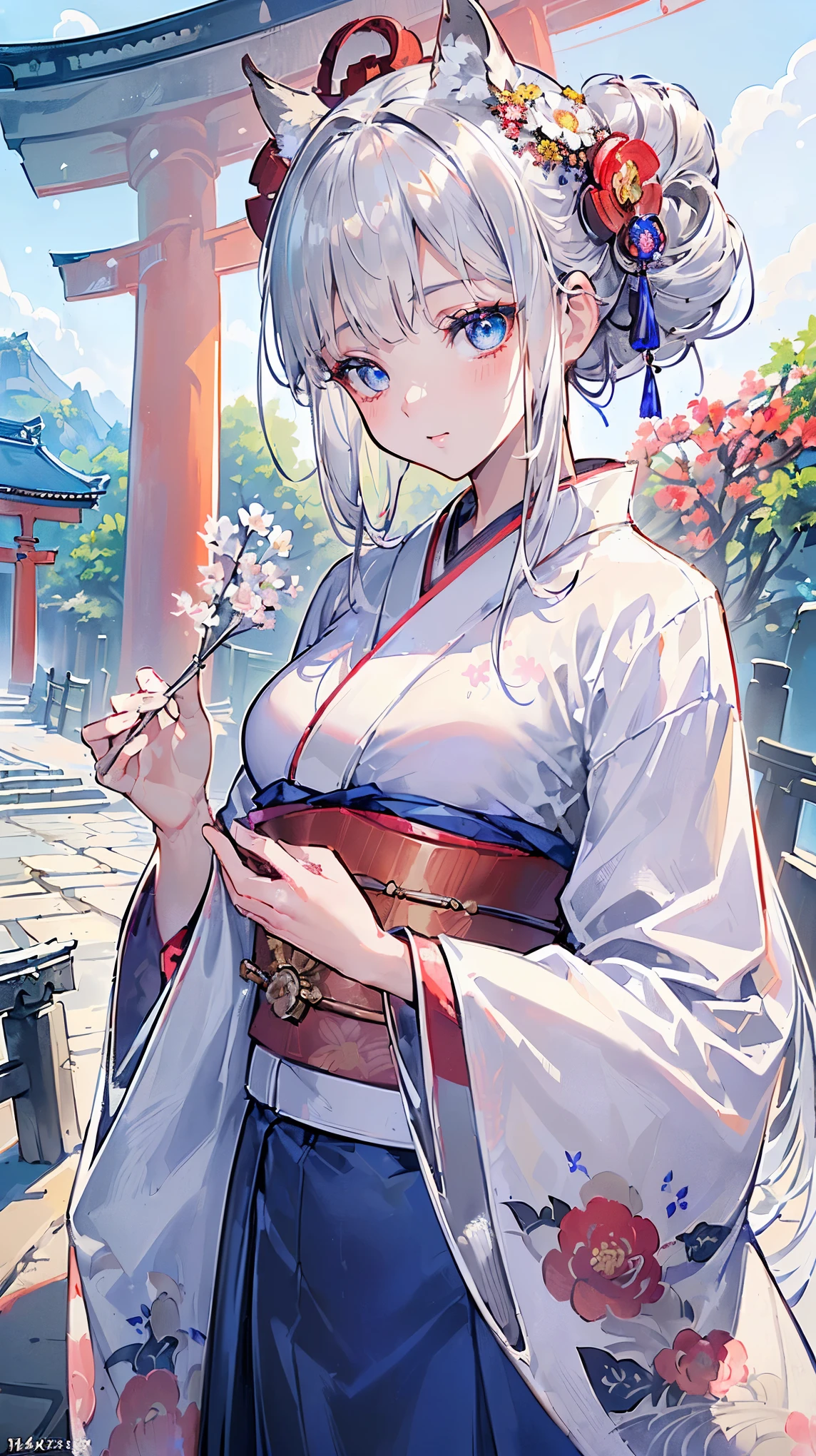 (((Masterpiece))), (((Highest quality))), ((Ultra-detailed)), ((Super fine illustration)), ((Ultra-fine painting)), (16K highest quality wallpaper:1.4), (Upper body:1.6), HDR, (Highly detailed and delicate illustration style:1.8), Detailed skin texture, Detailed cloth texture, Extreme detailed description, (T-masterpiece), (Highly detailed face:1.2), (Highly detailed silver fox ears:1.2), (Highly detailed shiny silver half updo:1.2), (Highly detailed clear eyes:1.2), Original, RAW photo, Professional, Intricate details, Super details, Direct light:1.6, (Perfect anatomy:1.4), (Highly detailed hands:1.2), (Highly detailed fingers:1.2), (Highly detailed fingertips:1.2), (-yeld), R, (Solo:1.8), ((A very beautiful and cute silver fox girl who is an idol and wears a bright red long-sleeved kimono with a floral pattern:1.4)) BRAKE (Beautiful and adorable silver fox ears:1.6), (Highly detailed and delicate silver fox ears:1.4), (Beautiful and well-shaped big breasts), (Beautiful and well-shaped buttocks), (Beautiful and shiny silver half updo:1.6), (Highly detailed and delicate silver half updo:1.2), (Beautiful clear blue eyes that shine with great detail:1.6), (Highly detailed and delicate blue eyes:1.2), (Highly detailed face:1.4), (Smile:1.3), (Blush:1.4), (Looking at viewer:1.4), (Celebration:1.4), Very detailed, beautiful and perfect hands:1.4, Very detailed, beautiful and perfect fingers:1.4, Very detailed, beautiful and perfect fingertips:1.4 BRAKE (Bright red long-sleeved kimono with floral pattern:1.4), (Japanese traditional costume:1.2) BRAKE (Concept art:1.2), (Detailed fantasy art:1.2) BRAKE (Just after noon:1.4), (Very detailed and beautiful Ise Grand Shrine in Mie Prefecture just after noon in the background:1.6), (Standing in front of the torii gate:1.4), (Celebration:1.4), Ise Grand Shrine:1.4, Torii gate of Ise Shrine:1.4, Very beautiful in the sunny sky background just after noon:1.4 BRAKE