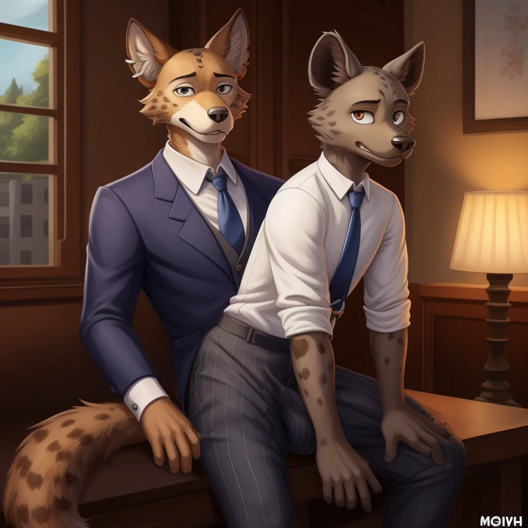 (Miguno),(beastars),19 years old,male ,solo, Detailed lighting, Miguno is a medium-sized spotted hyena with a slender build. His fur is light brown with several irregular, dark brown spots on his forehead. He has dark brown fur on various parts of his body, including on his ears, muzzle, thorax, hands, feet, and tail. His eyes are completely brown,He is typically seen wearing his school uniform. In cold seasons, this uniform consists of a white dress shirt, an indigo vest, a dark gray tie, black suspenders, gray pants with dark gray vertical stripes, and brown loafers. During the warmer seasons, he wears a blue polo shirt but keeps the gray striped pants and brown loafers, big butt, big balls, , foxovh
