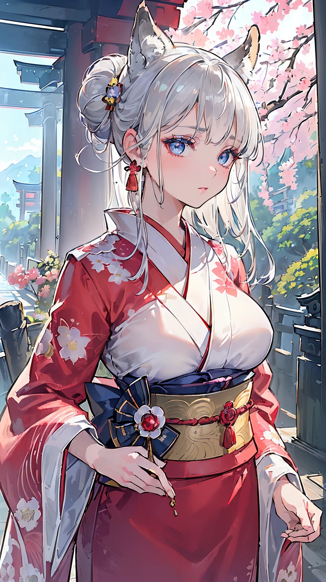 (((Masterpiece))), (((Highest quality))), ((Ultra-detailed)), ((Super fine illustration)), ((Ultra-fine painting)), (16K highest quality wallpaper:1.4), (Upper body:1.6), HDR, (Highly detailed and delicate illustration style:1.8), Detailed skin texture, Detailed cloth texture, Extreme detailed description, (T-masterpiece), (Highly detailed face:1.2), (Highly detailed silver fox ears:1.2), (Highly detailed shiny silver half updo:1.2), (Highly detailed clear eyes:1.2), Original, RAW photo, Professional, Intricate details, Super details, Direct light:1.6, (Perfect anatomy:1.4), (Highly detailed hands:1.2), (Highly detailed fingers:1.2), (Highly detailed fingertips:1.2), (16-years-old), Real, (Solo:1.8), ((A very beautiful and cute silver fox girl who is an idol and wears a bright red long-sleeved kimono with a floral pattern:1.4)) BRAKE (Beautiful and adorable silver fox ears:1.6), (Highly detailed and delicate silver fox ears:1.4), (Beautiful and well-shaped big breasts), (Beautiful and well-shaped buttocks), (Beautiful and shiny silver half updo:1.6), (Highly detailed and delicate silver half updo:1.2), (Beautiful clear blue eyes that shine with great detail:1.6), (Highly detailed and delicate blue eyes:1.2), (Highly detailed face:1.4), (Smile:1.3), (Blush:1.4), (Looking at viewer:1.4), (Celebration:1.4), Very detailed, beautiful and perfect hands:1.4, Very detailed, beautiful and perfect fingers:1.4, Very detailed, beautiful and perfect fingertips:1.4 BRAKE (Bright red long-sleeved kimono with floral pattern:1.4), (Japanese traditional costume:1.2) BRAKE (Concept art:1.2), (Detailed fantasy art:1.2) BRAKE (Just after noon:1.4), (Very detailed and beautiful Ise Grand Shrine in Mie Prefecture just after noon in the background:1.6), (Standing in front of the torii gate:1.4), (Celebration:1.4), Ise Grand Shrine:1.4, Torii gate of Ise Shrine:1.4, Very beautiful in the sunny sky background just after noon:1.4 BRAKE 
