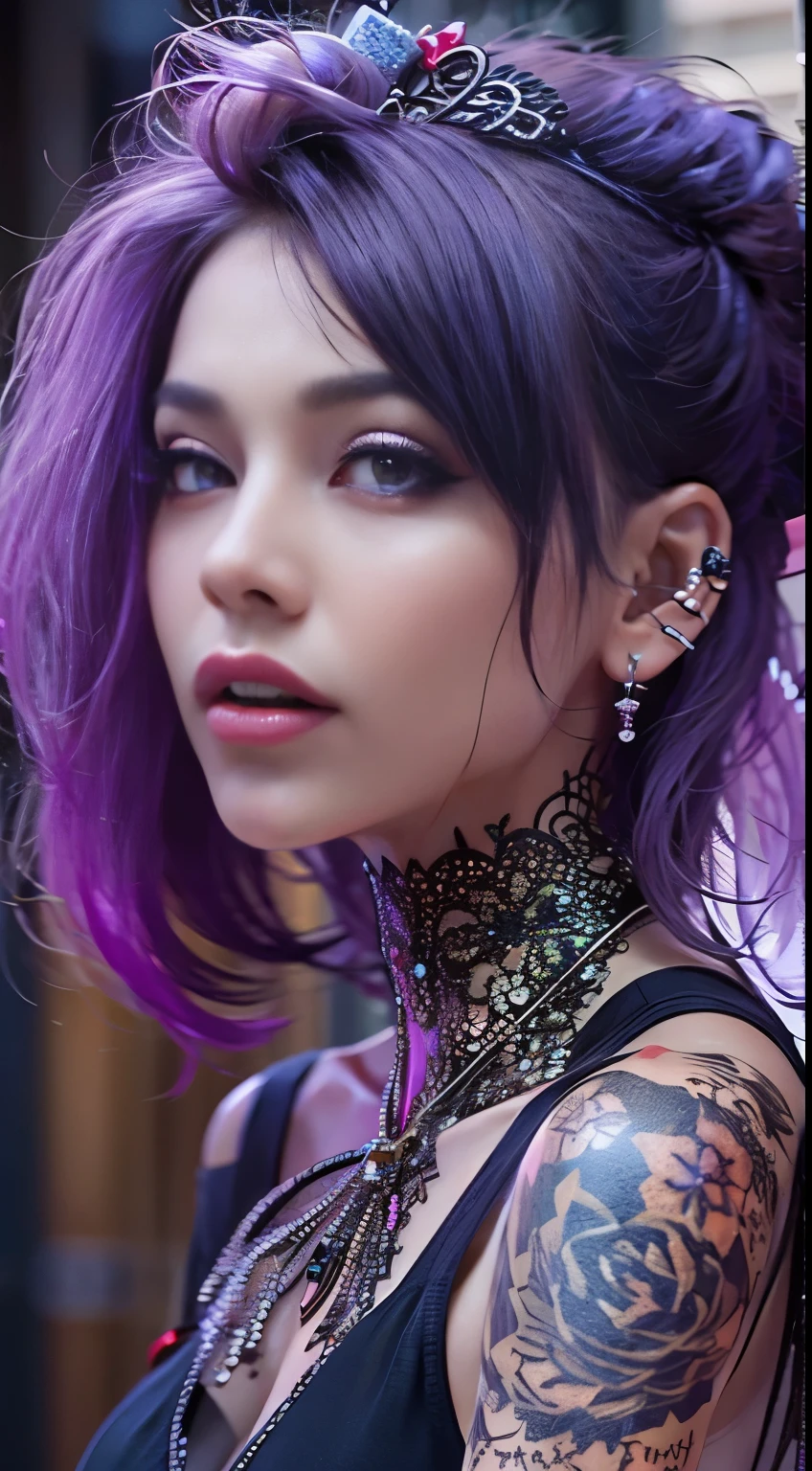 1 stunning female, fair skin, inner purple colored hair,  tattoo on the arm, piercing, street fashion,