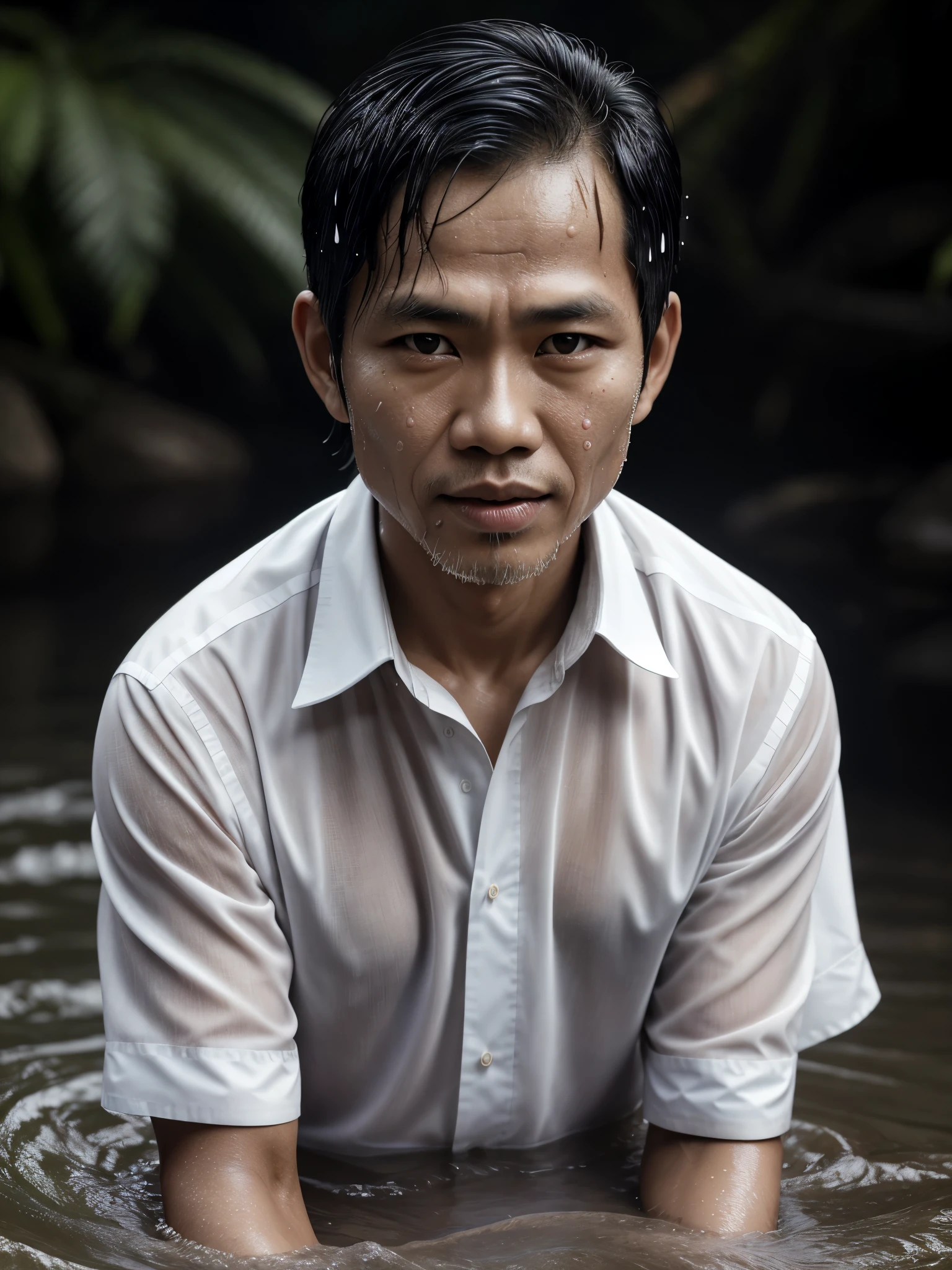 (HD, masterpiece, best quality, ultra-detailed), Foto Pria Indonesia, 30 tahun, wearing thin white shirt, wet face, short curly hair, sitting next to an Indonesian woman in her 50s, also wearing a thin white shirt, long wet hair, with one hand holding her chin as she faces the camera, lush rain background over a broadened river.

The scene is captured in high definition, demonstrating masterful precision with every detail. A rare and captivating moment, the Indonesian man's features sharp and expressive, his face slightly wet from the rain. His hair, typicallyshort and curly, clings to his head, adding