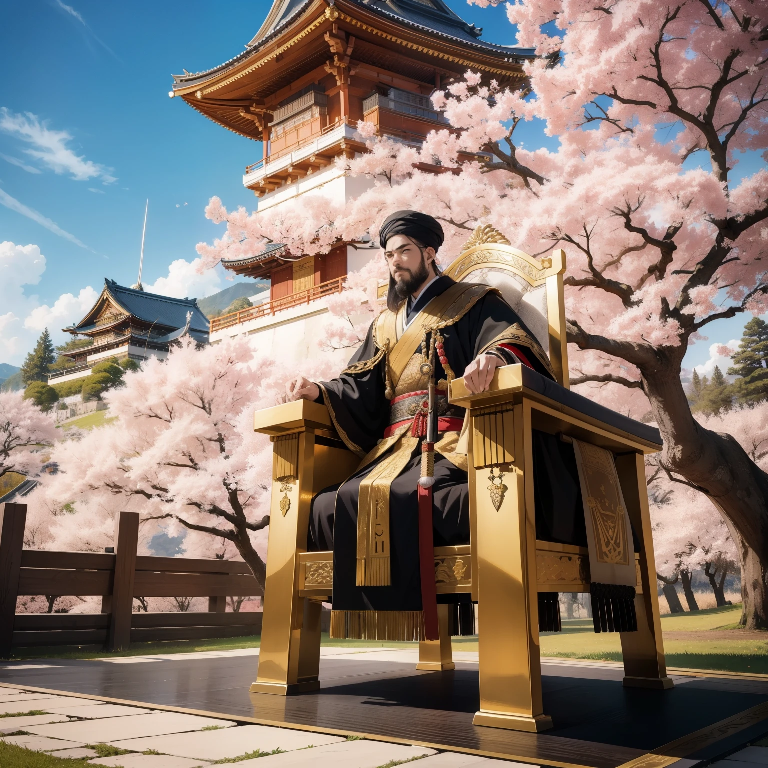 masterpiece, top quality, 4K UHD,
regal, Iranian king, golden throne, Japanese samurai, standing, opposition, castle backdrop, cherry blossom trees, autumn leaves, traditional armor, sword in hand.
Imagine a masterpiece, captured in top quality 4K UHD, of the regal Iranian king, seated confidently on his golden throne. In front of him stands a proud Japanese samurai, clad in traditional armor and wielding a formidable sword. The imagery of the opposition between these two powerful figures is depicted against the scenic backdrop of a castle, with cherry blossom trees and autumn leaves cascading