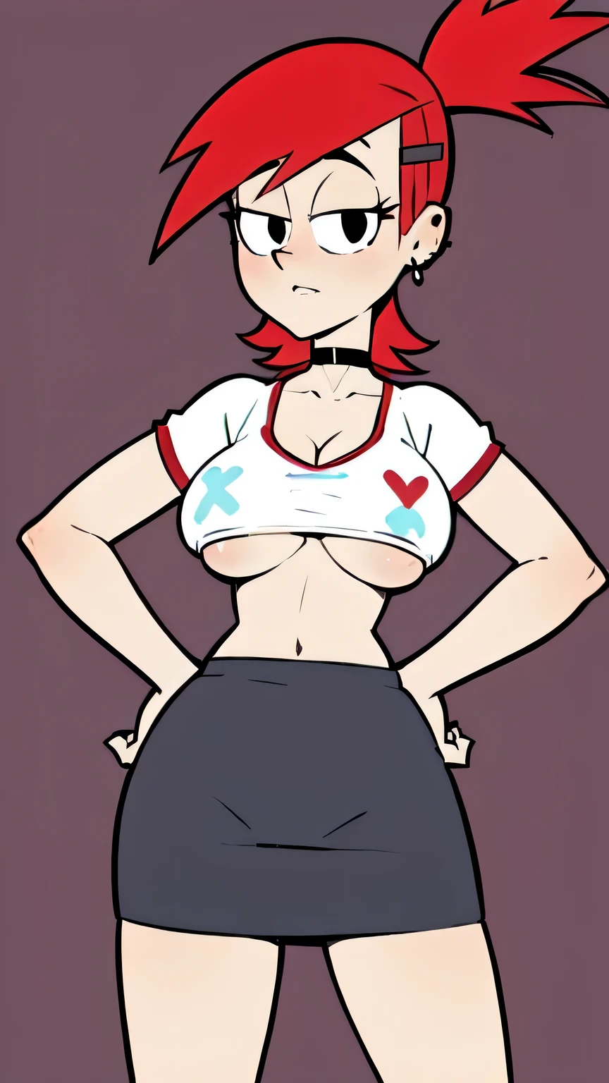 FostersStyle, red hair, green skirt, too short miniskirt,slutty outfit, seductive, abstract background, looking at viewer, slutty ,underboob, skimpy, cleavage, slutty pose, lewd, seductive expression, white tube top, standing, black eyes, pussy, skirt lift,, big tits, looking at viewer, midriff, white shirt, strapless, upper body focus, FrankieFoster, standing, hands on hips, 1girl, solo, graphic on shirt, hanging breasts, exposed midriff, bare shoulders, choker, nip slip, areola,