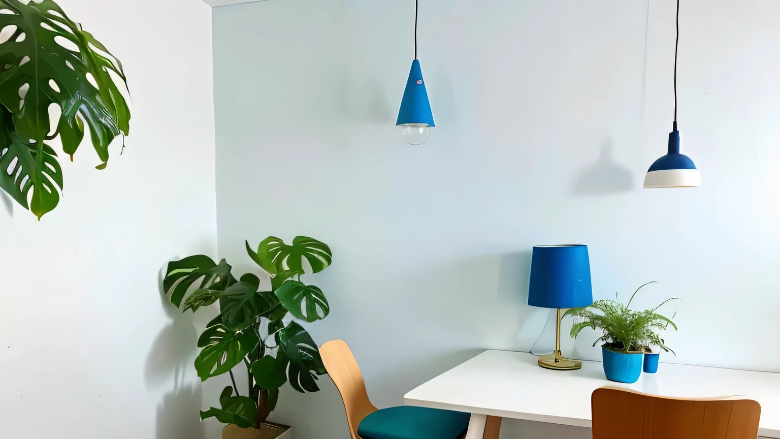 a beautiful white indore room wall white & blue ,white lamp on table , 1 green plant on left