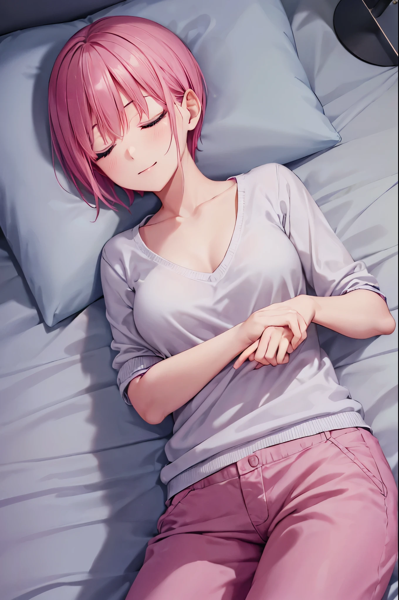 ichikanakano, ichika nakano, short hair, bangs, Close ~ eyes, hair between eyes, pink hair, (white v-neck sweater 1.3), Not wearing pants, highest quality, High resolution, unity 8k wallpaper, (beautiful and detailed eyes:1.4), highly detailed face, perfect lighting, (perfect hands, perfect anatomy), cowboy shot, (sleep in bed:1.3), (sleep:1.3)best smile, Pants are invisible